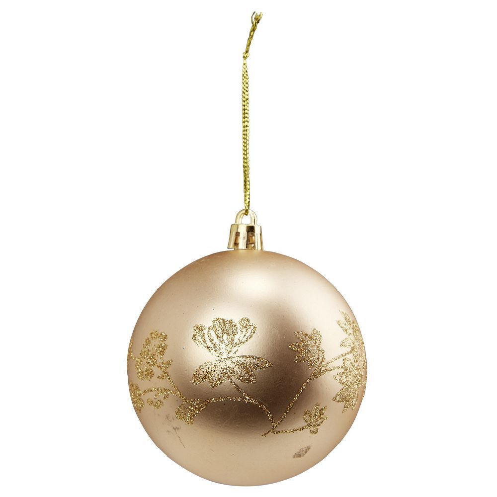 Boule de No&euml;l imprimé fleur pailleté doré Ø8cm
