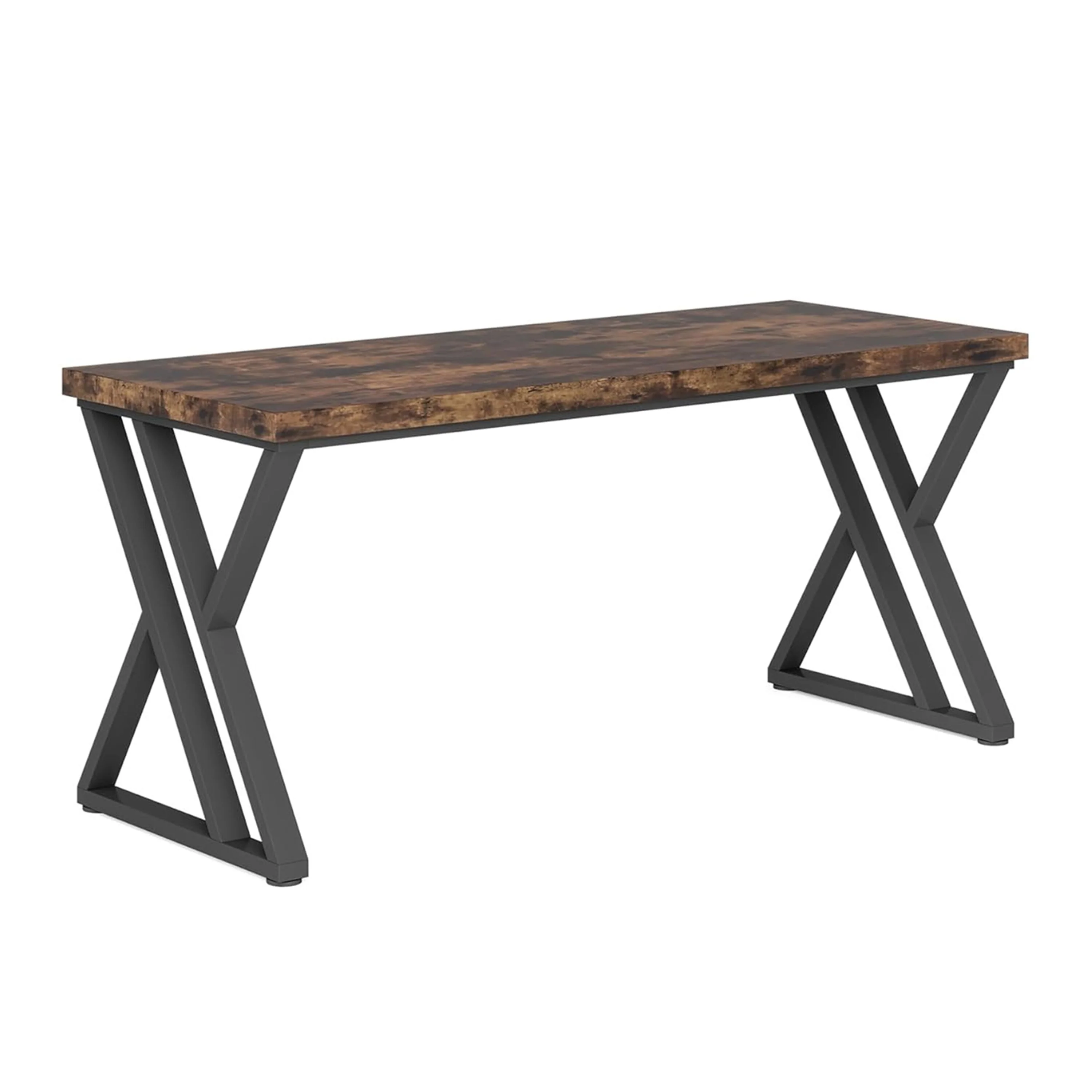 Oneb Writing Desk, 55 Inch Brown Rectangular Top, Black Metal Z Base