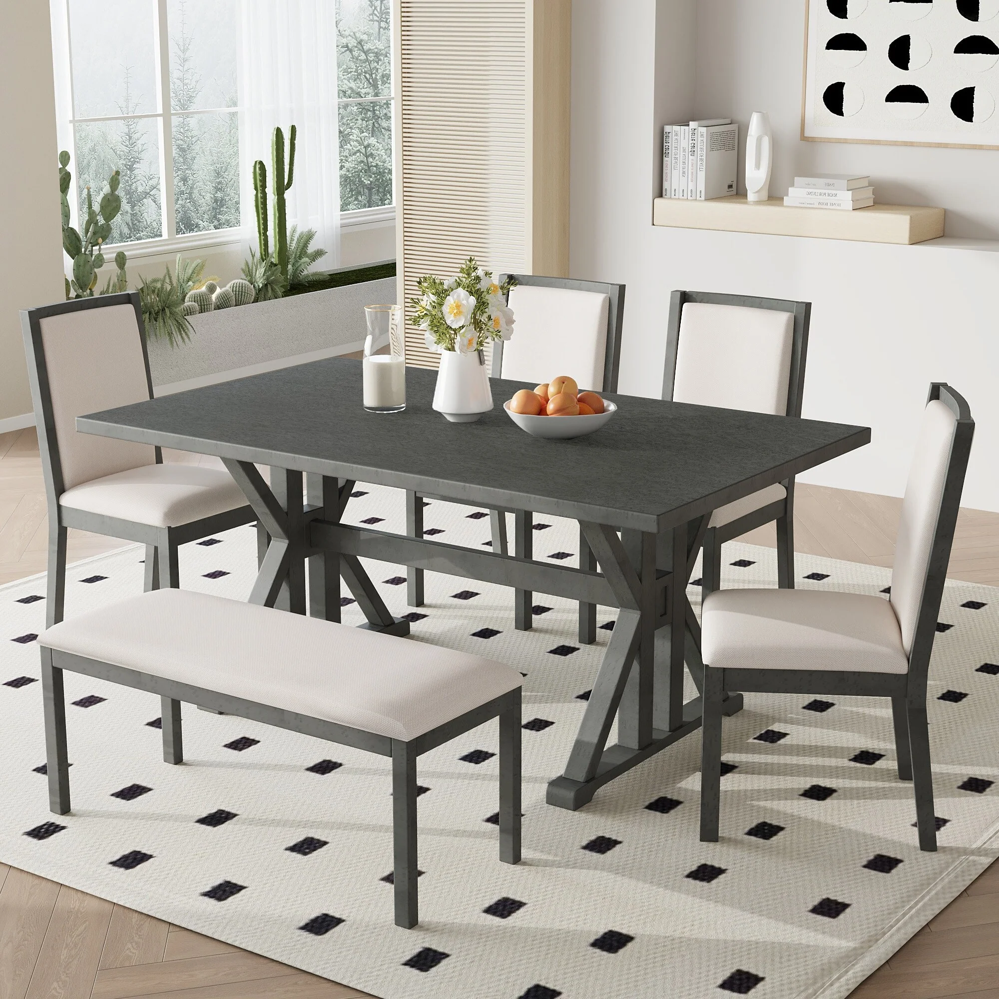 Roomfitters Farmhouse 6-Piece Dining Table Set with Trestle Legs, Upholstered Chairs and Bench