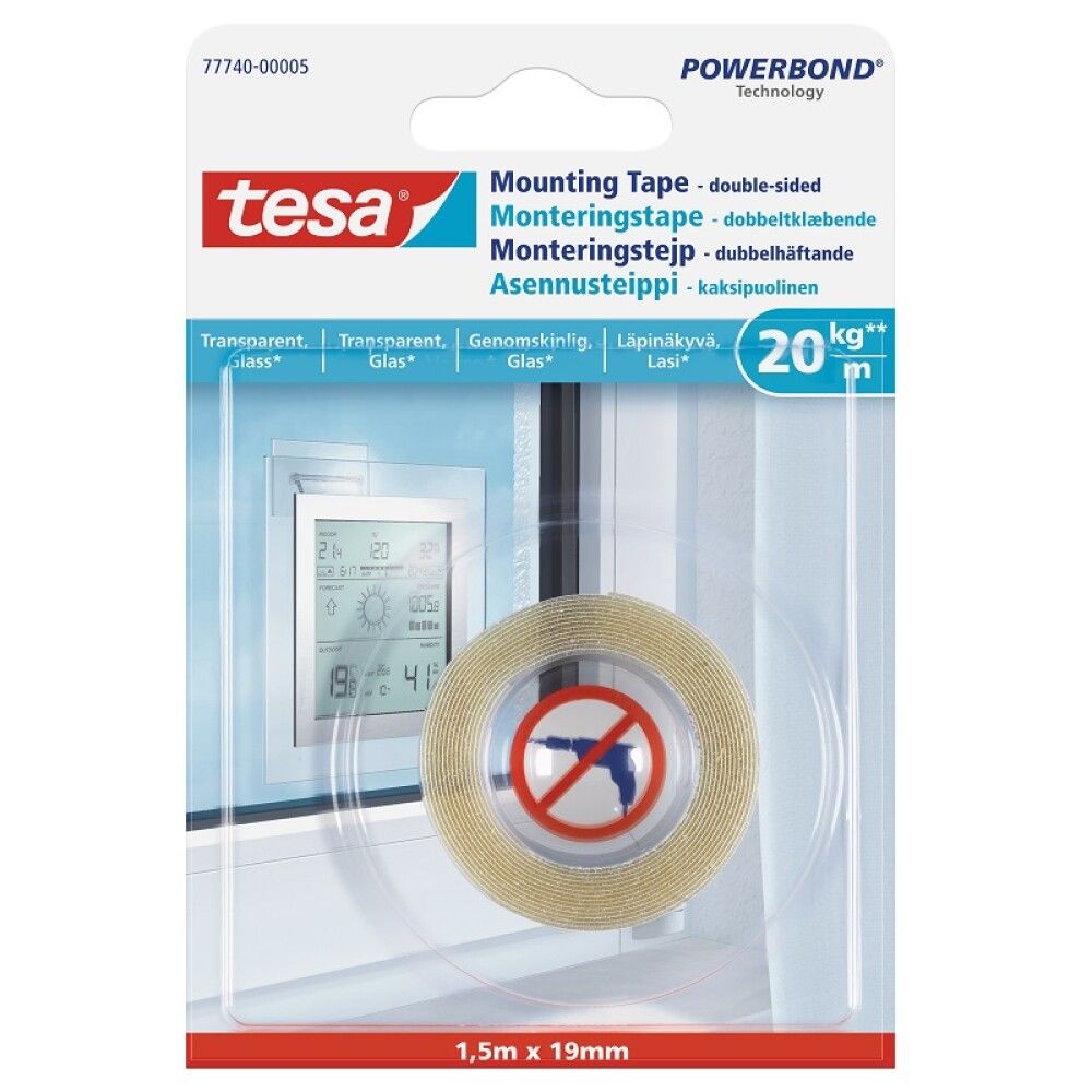 MONTERINGSTAPE TESA TRANSPARENT 20KG/M 1,5MX19MM