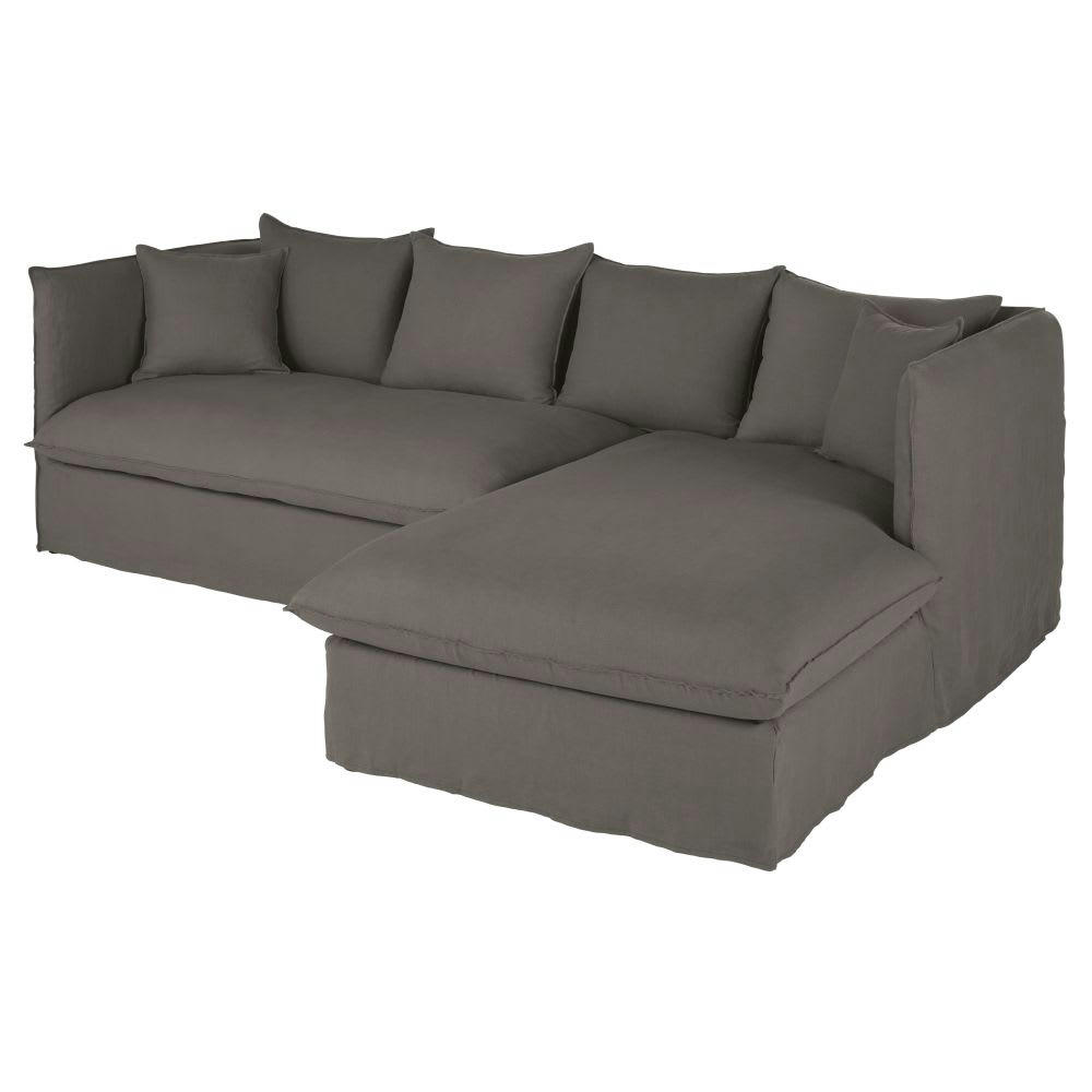 Louvain - Canapé d'angle droit 3/4 places en lin supérieur gris