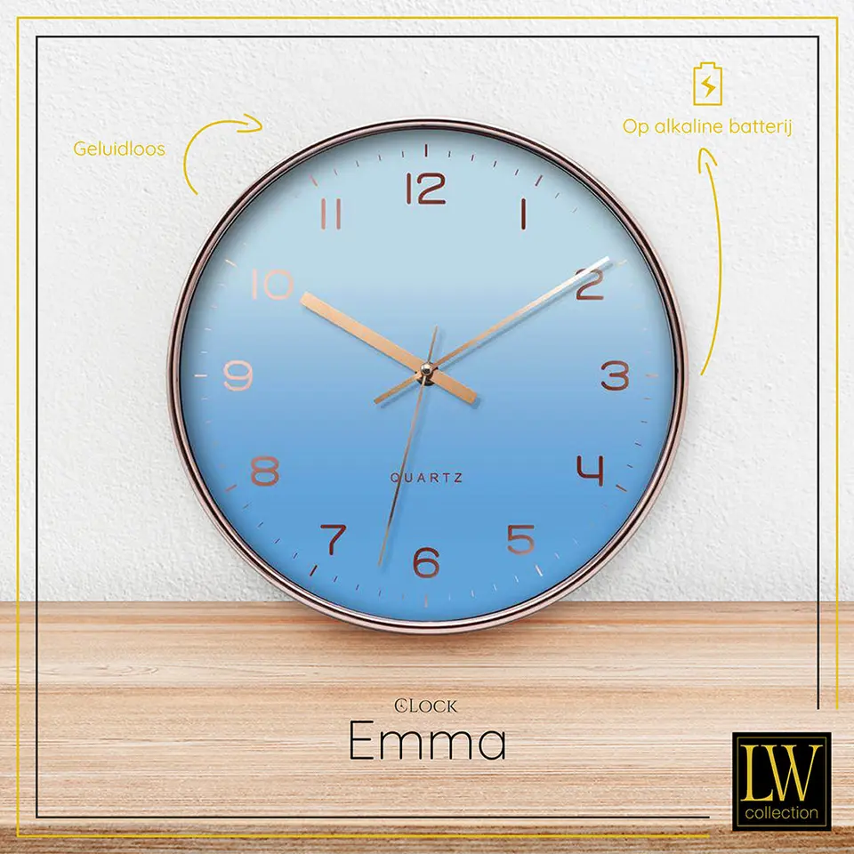 LW Collection Keukenklok Emma lichtblauw ros&eacute; 30cm