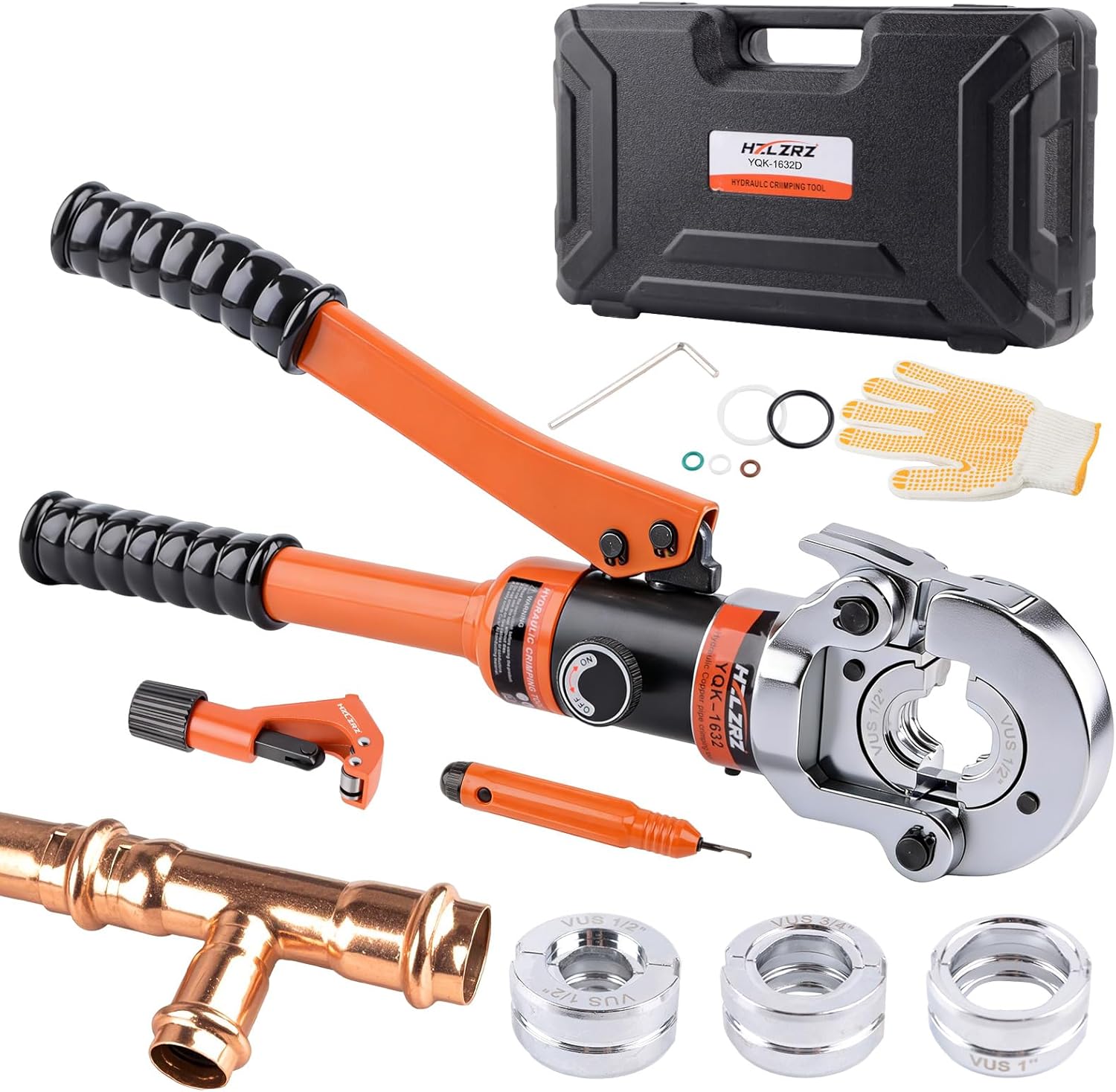 HZLZRZ Pro Press Copper Pipe Crimper Tool Kit with 3 Dies (1/2 3/4 1) for Plumbing & Water Heating, Includes Copper Tube Cutter and Burr Tool (YQK/1632D)