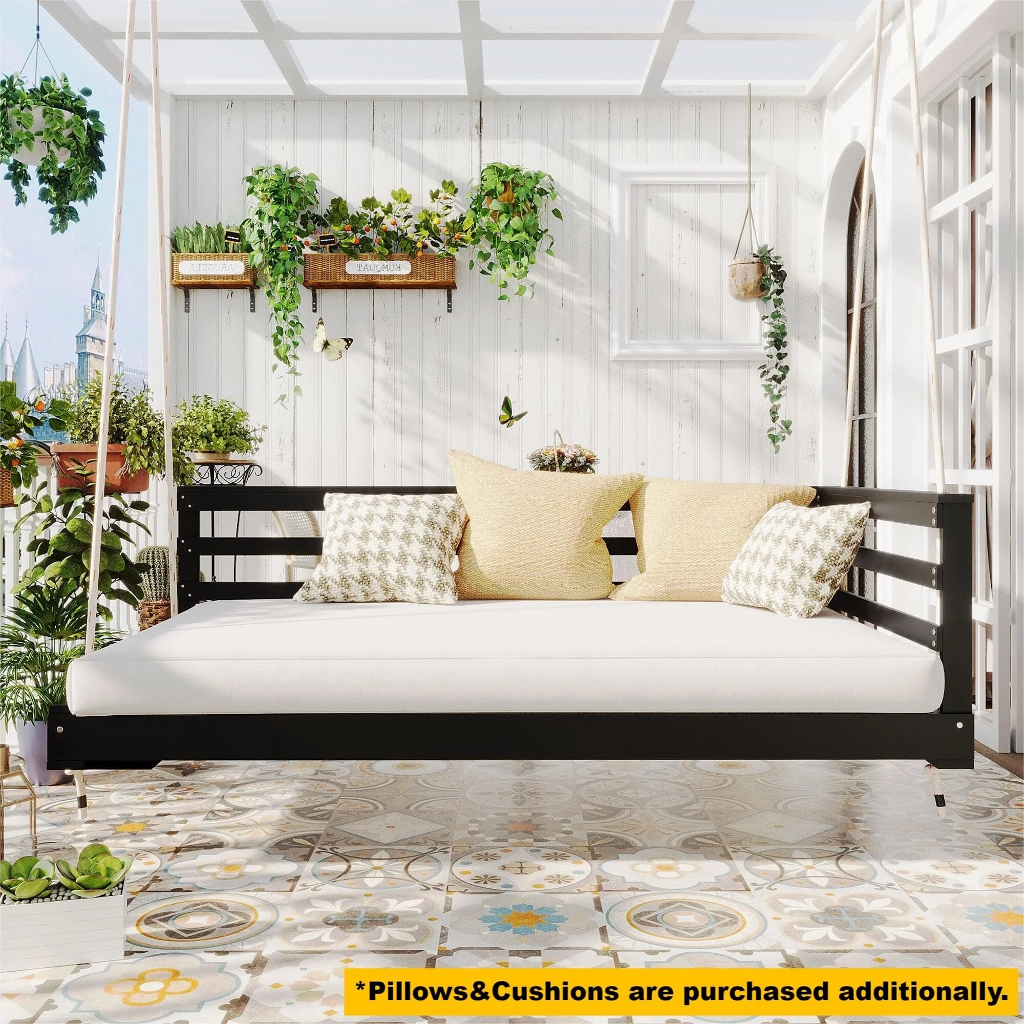 Country Patio Wooden Twin Size Swing Daybed Porch Swing Frame with 4pcs 96-inch Hemp Ropes for Backyard, Garden, Black