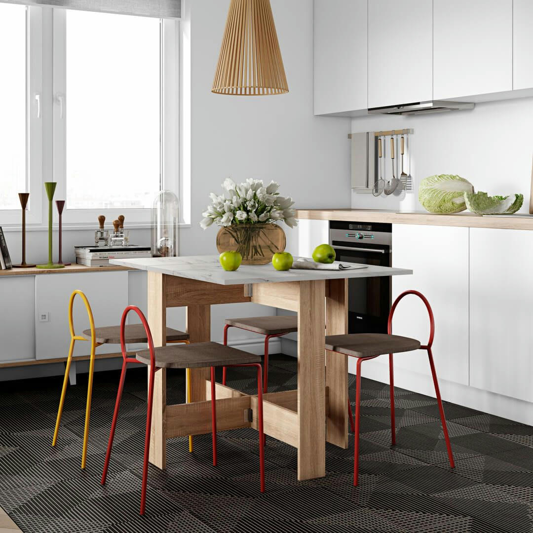 PAPILLON - Table effet bois chêne naturel et marbre