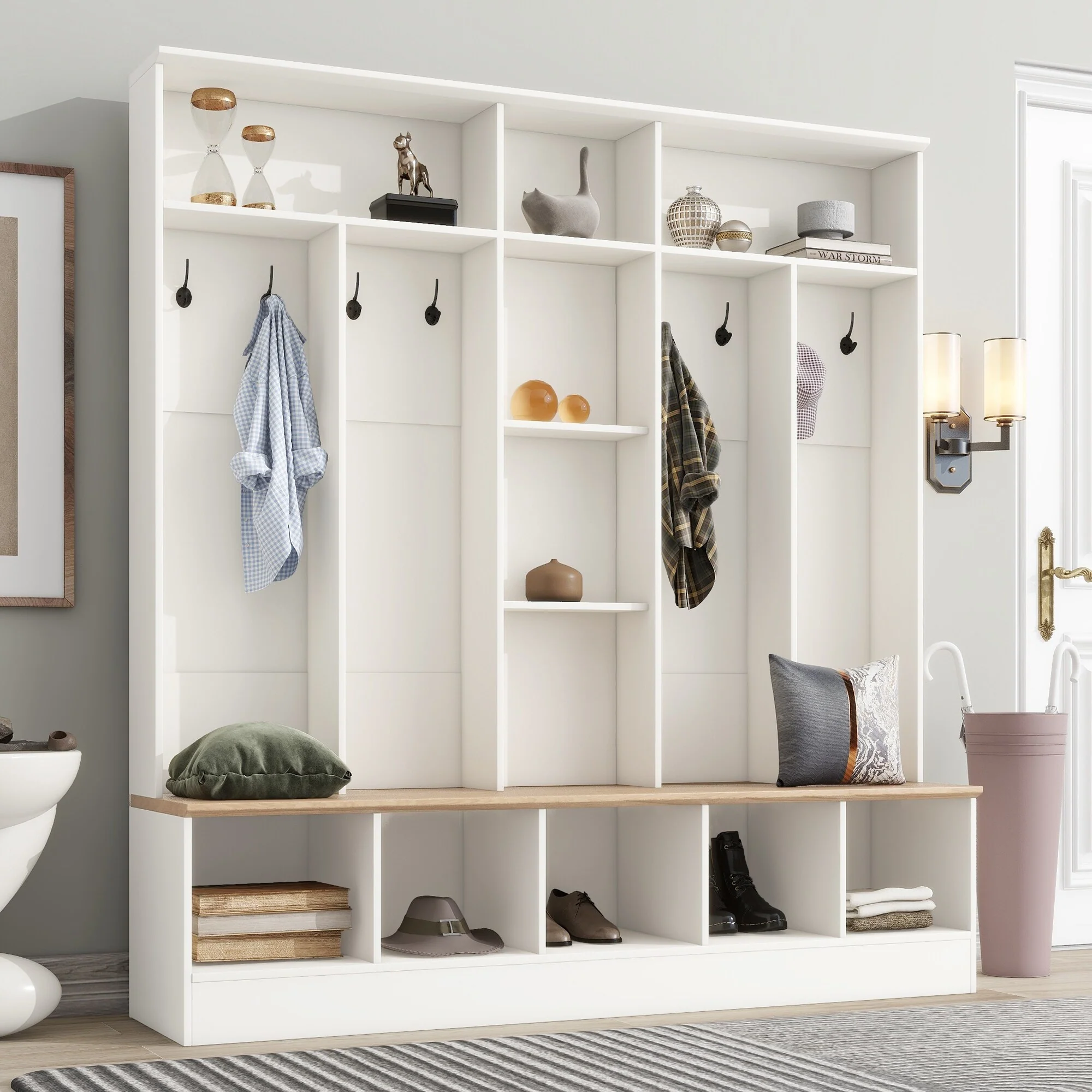 Large Hall Tree Coat Rack with Storage Bench, Modern Shoe Cabinet with Cube Storage & Shelves for Entryways, Mudroom