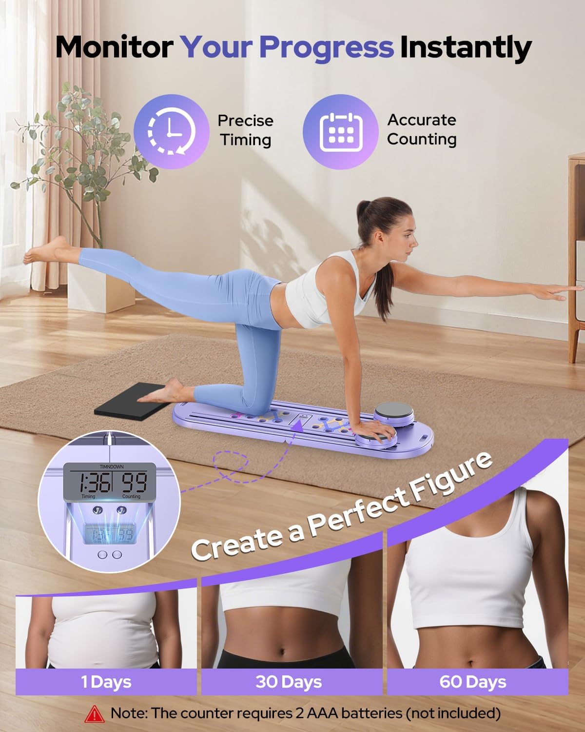 Pilates Board, Foldable Pilates Reformer Set 7 in 1 Multi-Purpose pilates equipment for Women Full Body Workouts at Home, Rayspace Portable Ab Core Trainer, Exercise Board with Timer & Resistance Band
