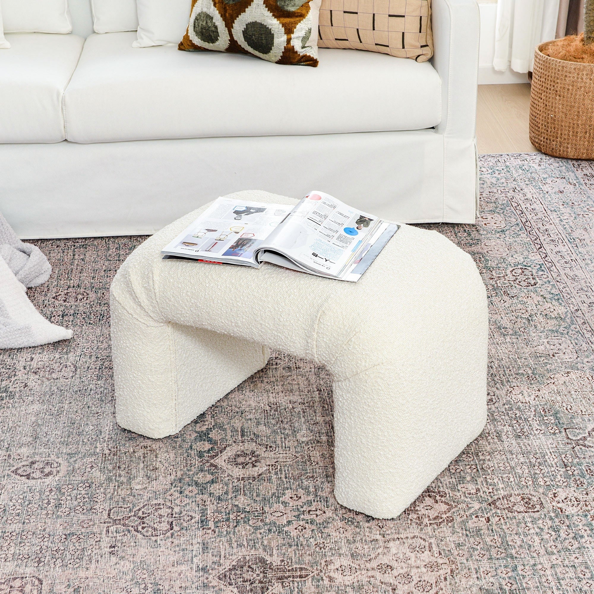 KINWELL 28'' W Arched Bridge Sherpa Boucle Upholstered Footstool Ottoman