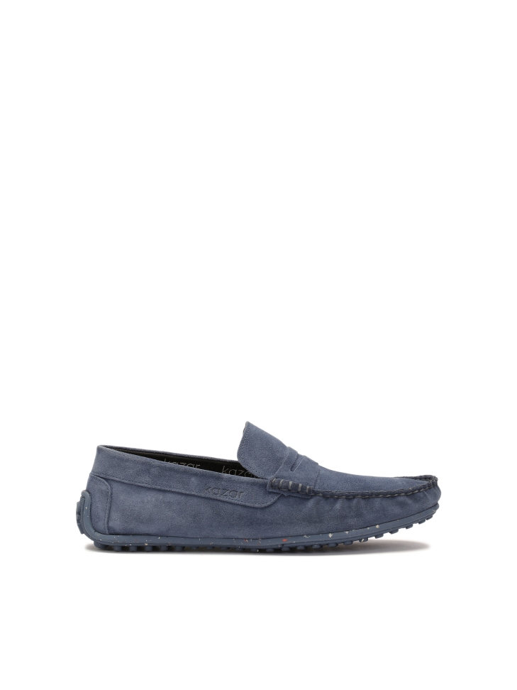 Blue suede moccasins on a studded rubber sole