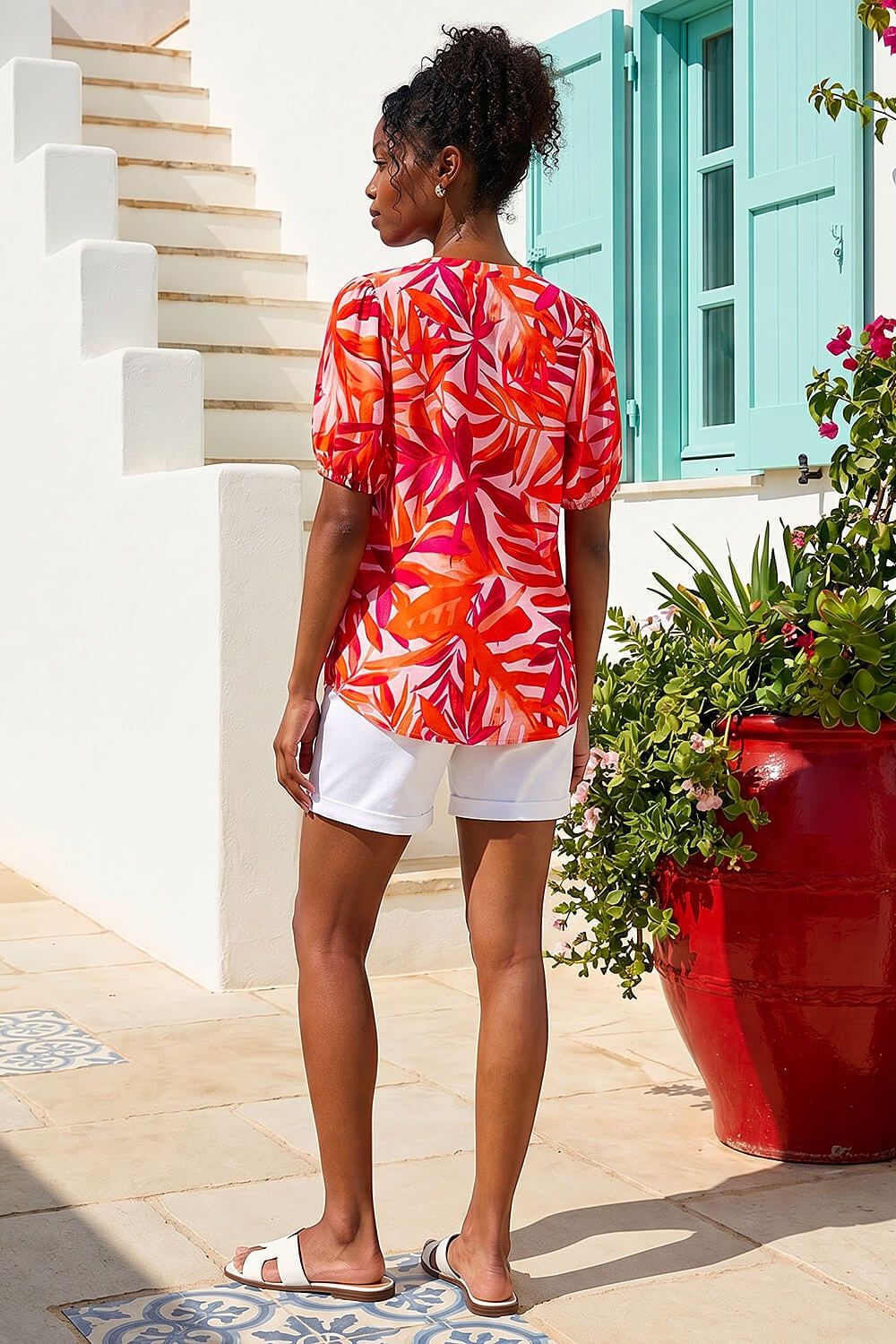 Roman Tropical Pleated V-Neck Top