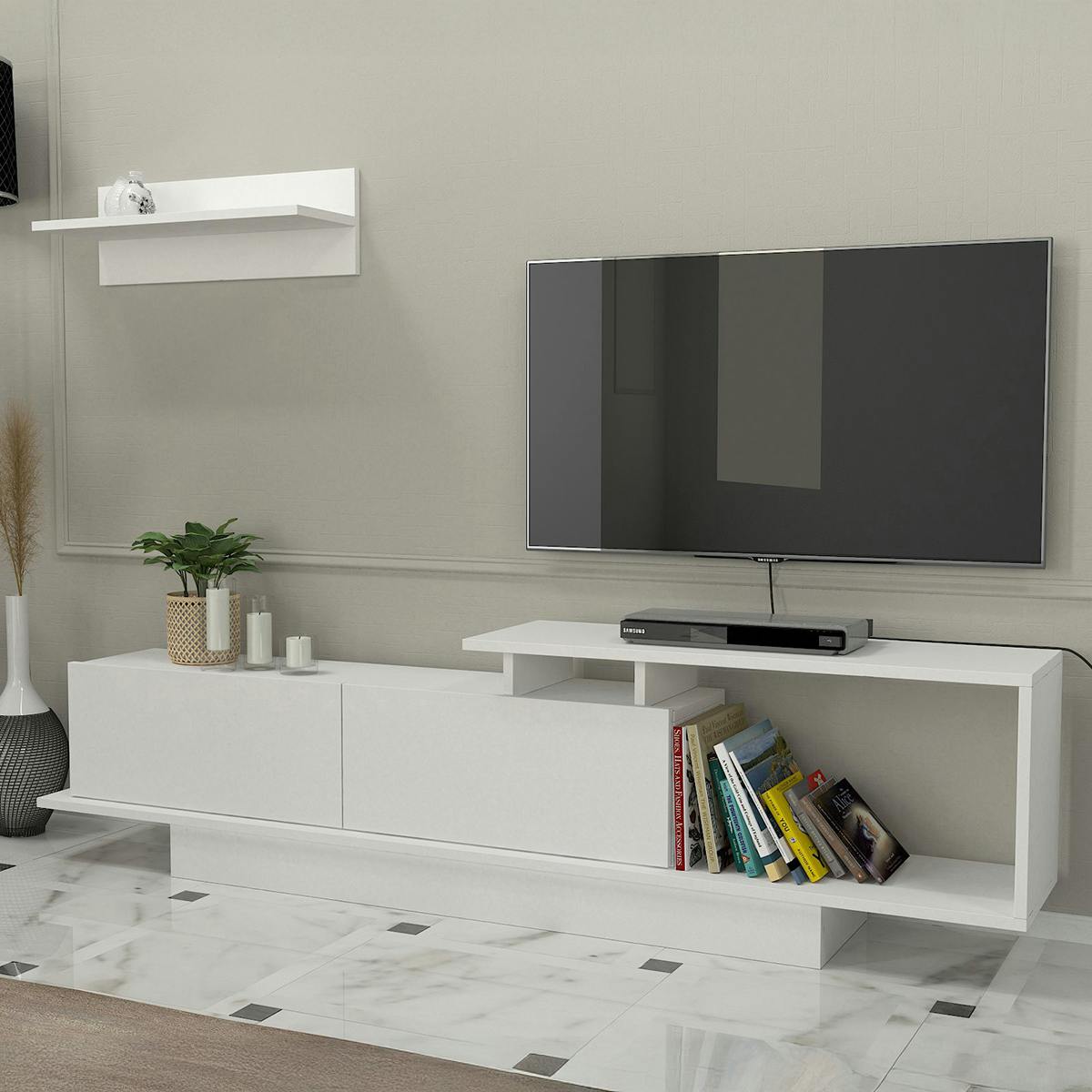 Meuble TV blanc design avec rangement, étagère assortie MARFA
