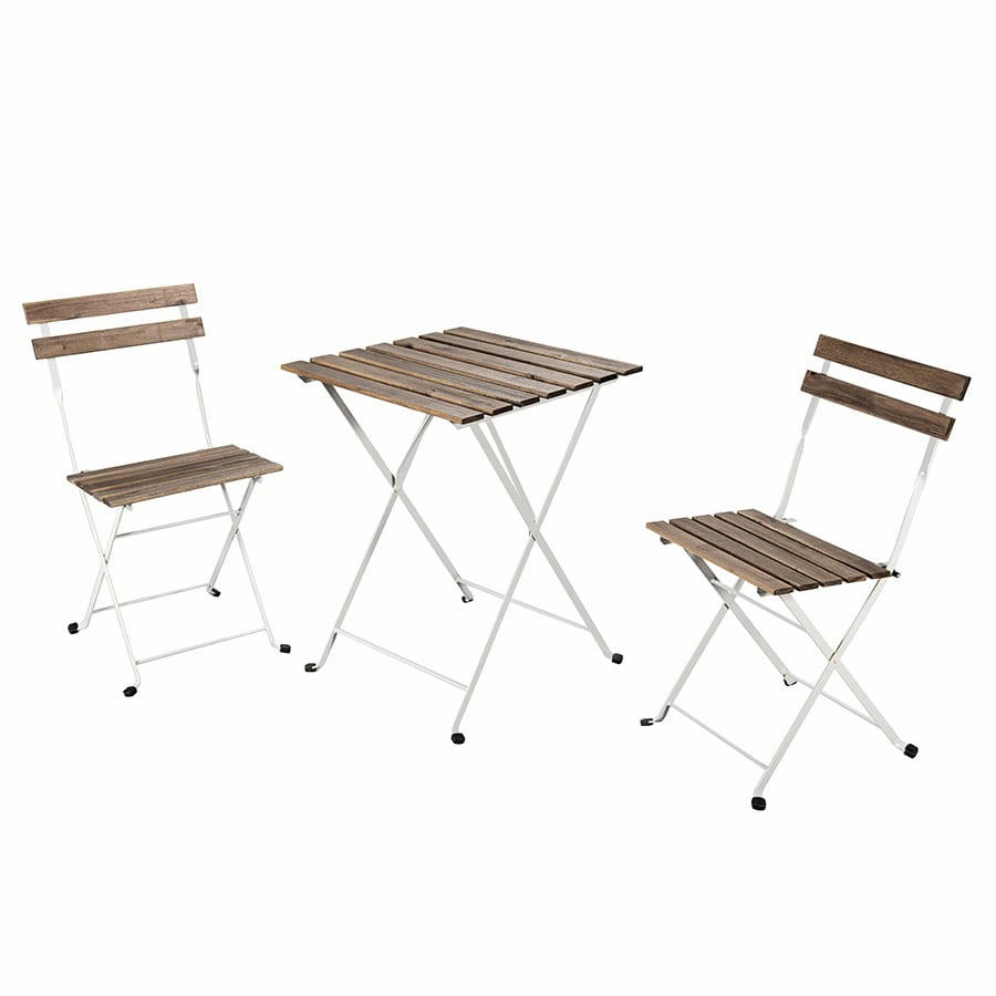 BISTROT - Ensemble Table + 2 Chaises Pliantes en Bois et Fer Blanc