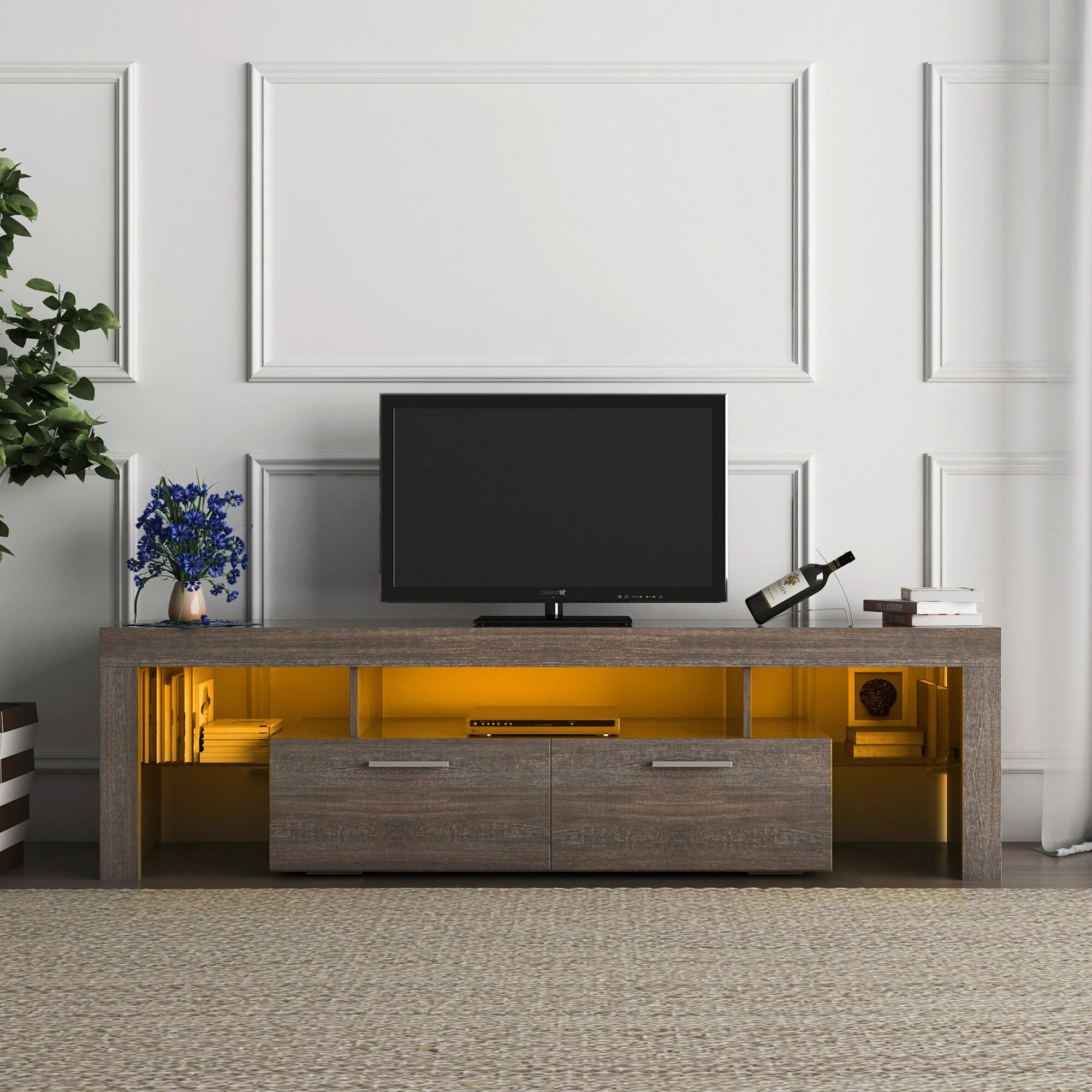 Brown 63 TV Stand with Glass Shelf & LED for TVs Up to 65