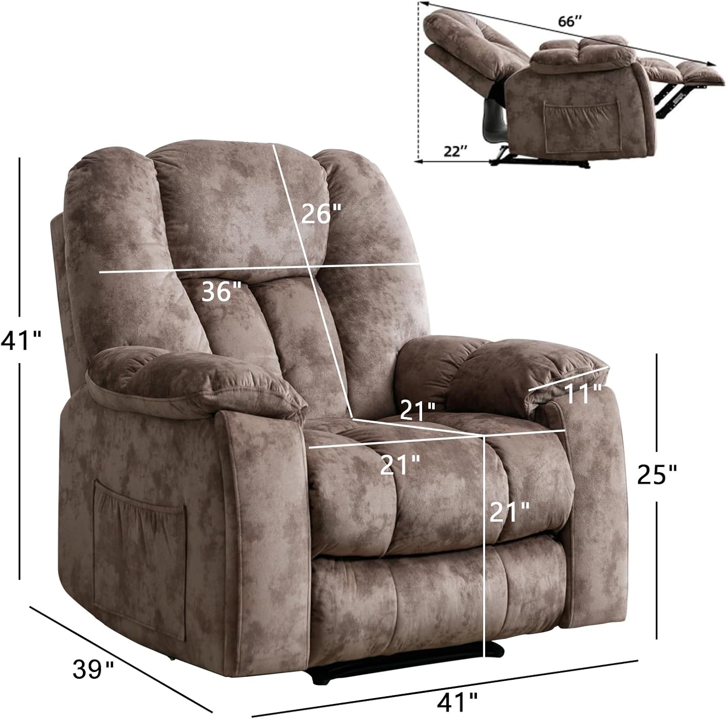 CANMOV Manual Reclining Chair-Overstuffed Recliner Chair with Cup Holder Side Pocket Footrest Fabric Recliners for Living Room Bedroom, Apricot
