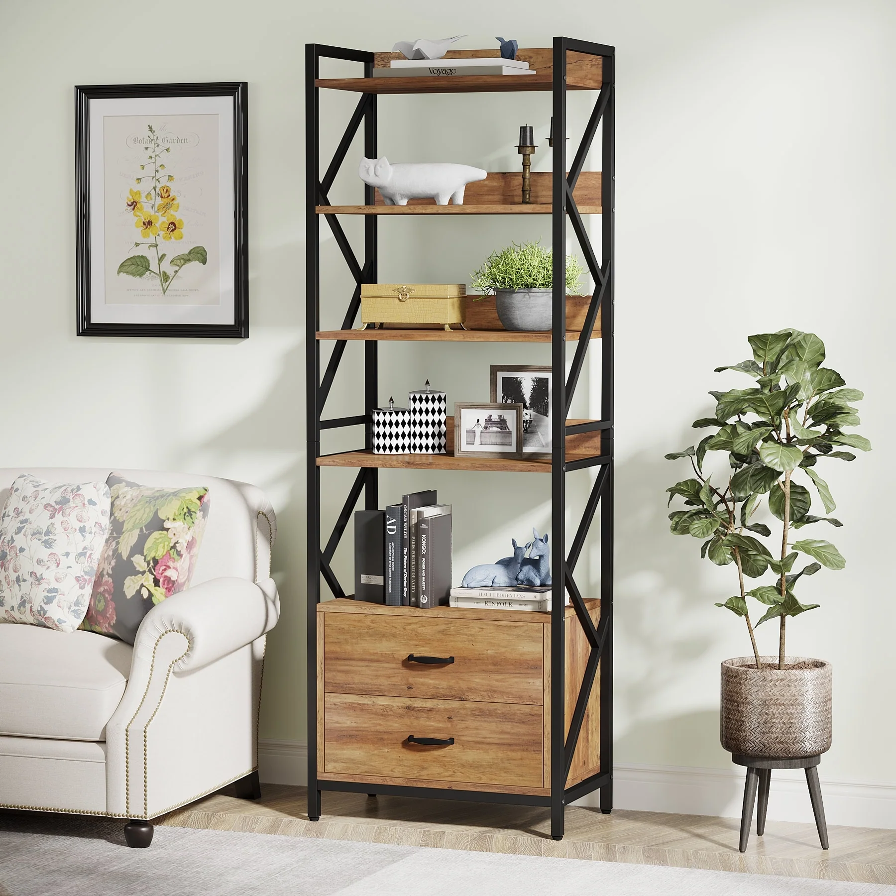 5-Tier Bookshelf Industrial Bookcase with 2 Drawers