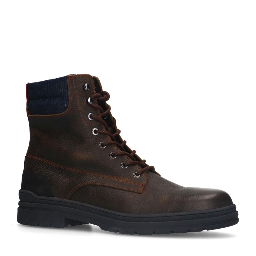 Manfield Donkerbruine leren veterboots
