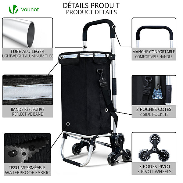 Chariot de courses pliable monte escalier aluminium avec sac isotherme noir VOUNOT