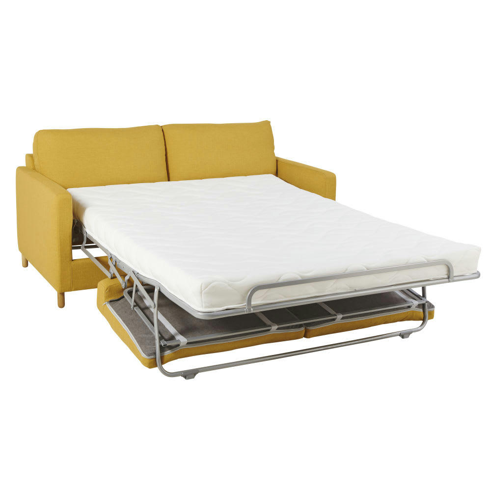 Julian - Canapé convertible 3 places jaune moutarde, matelas 14 cm