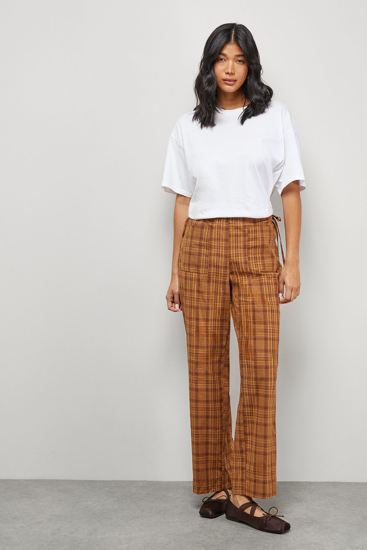Warehouse Mustard Check Mid Rise Tie Side Pocket Trouser