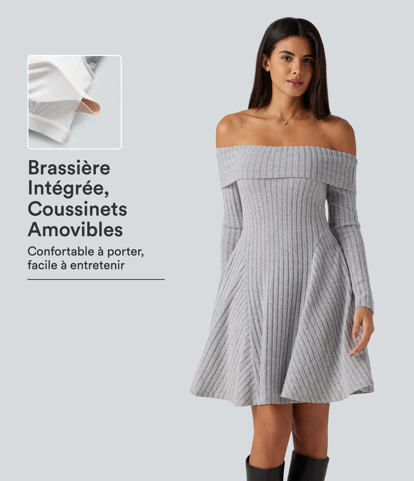 Robe mini en maille côtelée à épaules dénudées, manches longues, coussinets amovibles et poches