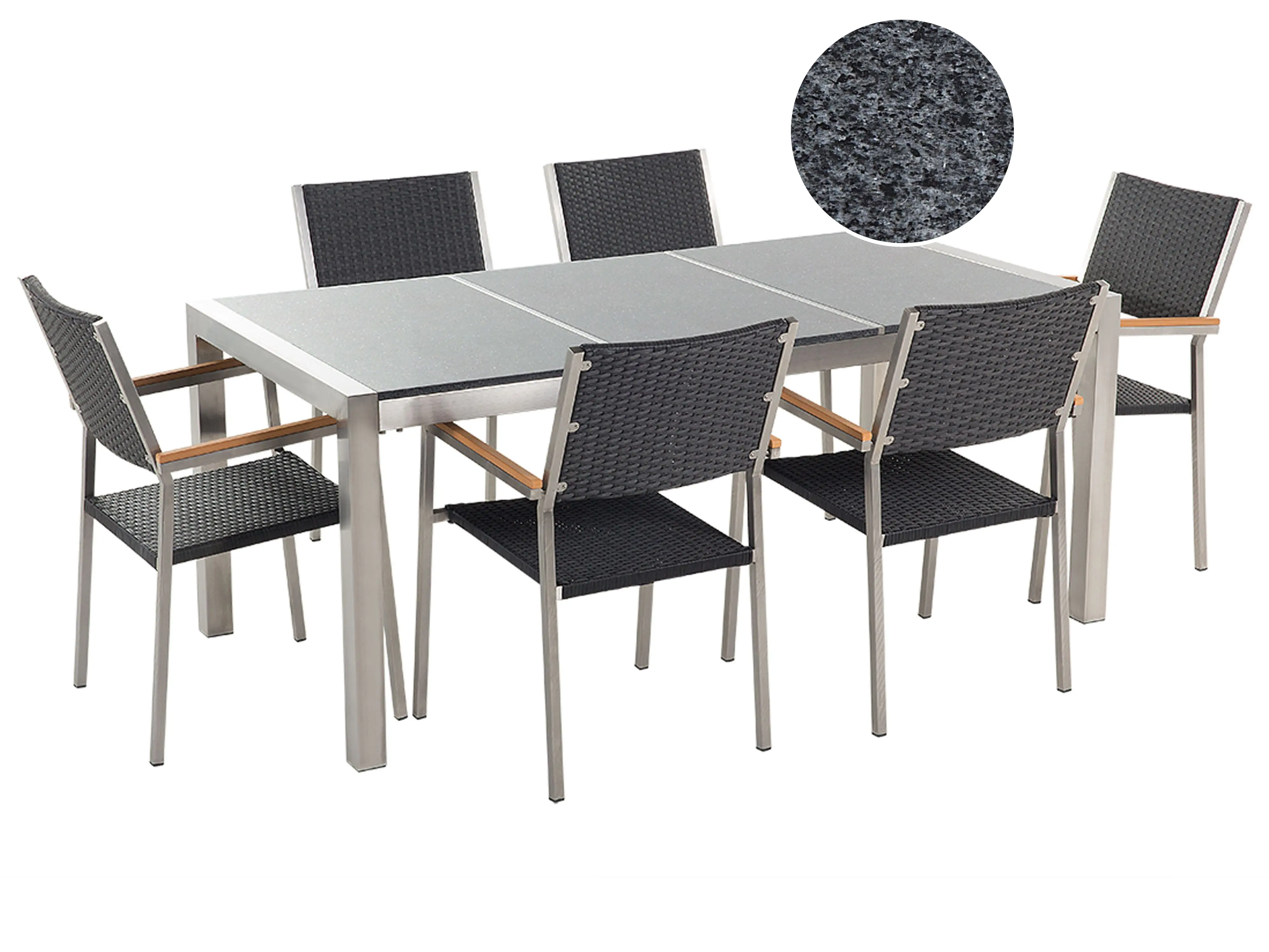 Garden Dining Set 6 Seater GROSSETO Triple Plate Granite Polished Grey/ Black