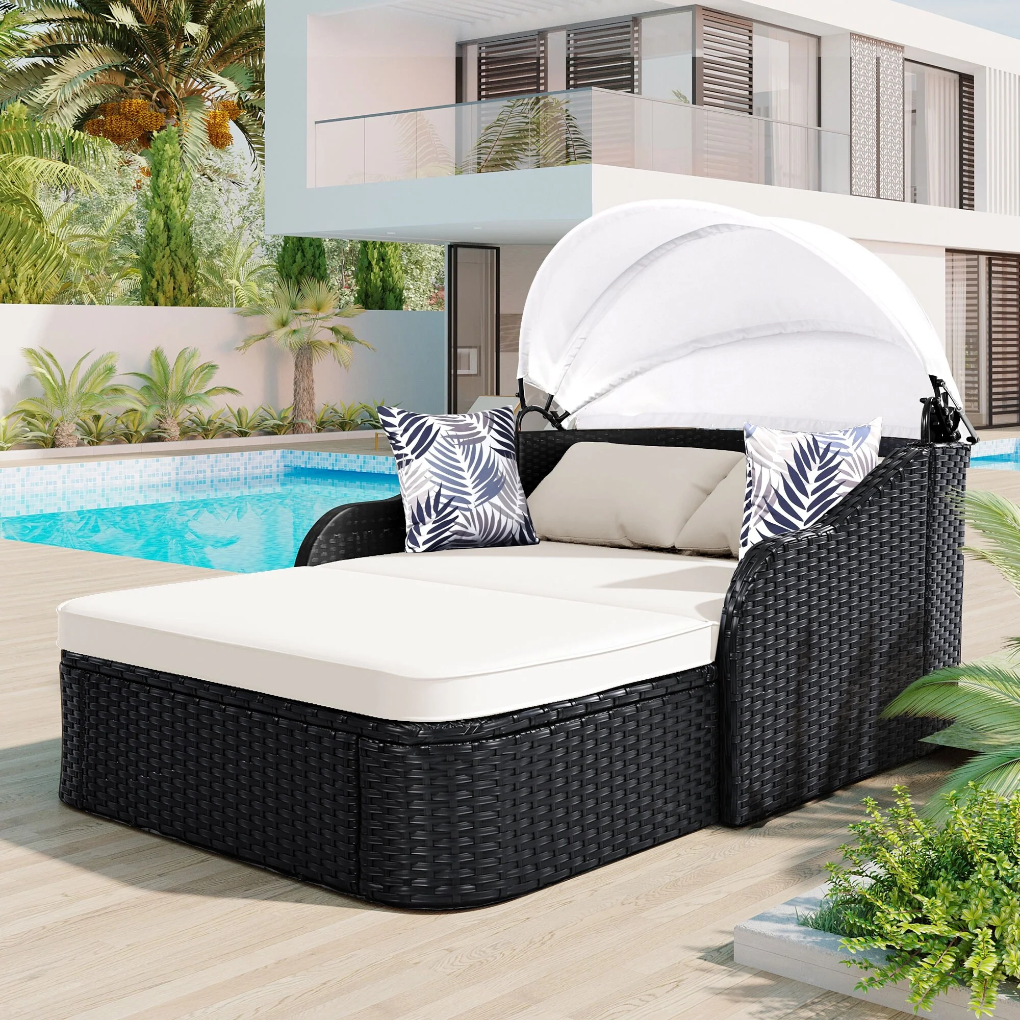 79.9 Outdoor Sunbed With Adjustable Canopy, Double Lounge,Pe Rattan Daybed