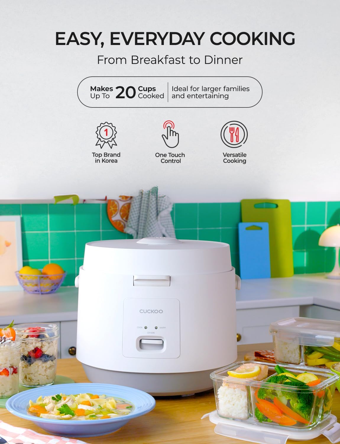 CUCKOO Basic Rice Cooker 10-Cup Uncooked / 20-Cup Cooked, Large Rice Maker and Warmer with Nonstick Inner Pot, Easy to Use with Auto Keep Warm, Includes Steam Tray, White (CR-1095)