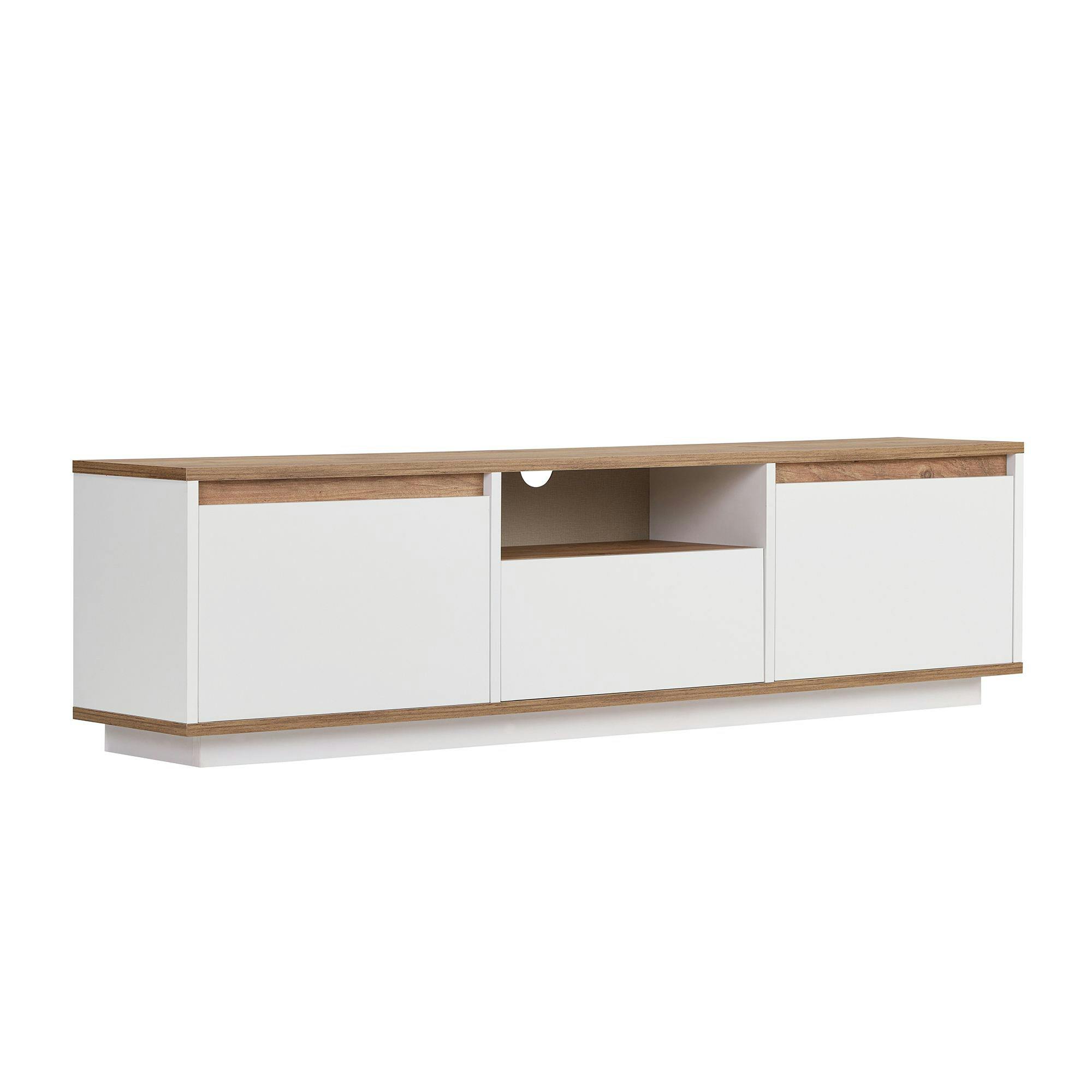Meuble TV 3 portes abattantes décor blanc et pin MARFA