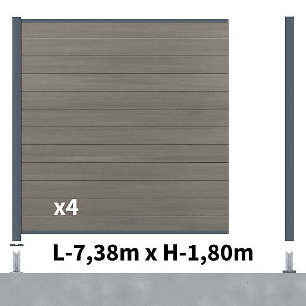 Kit clôture composite poteau sur platines - CRUZ Argent H-1,8m