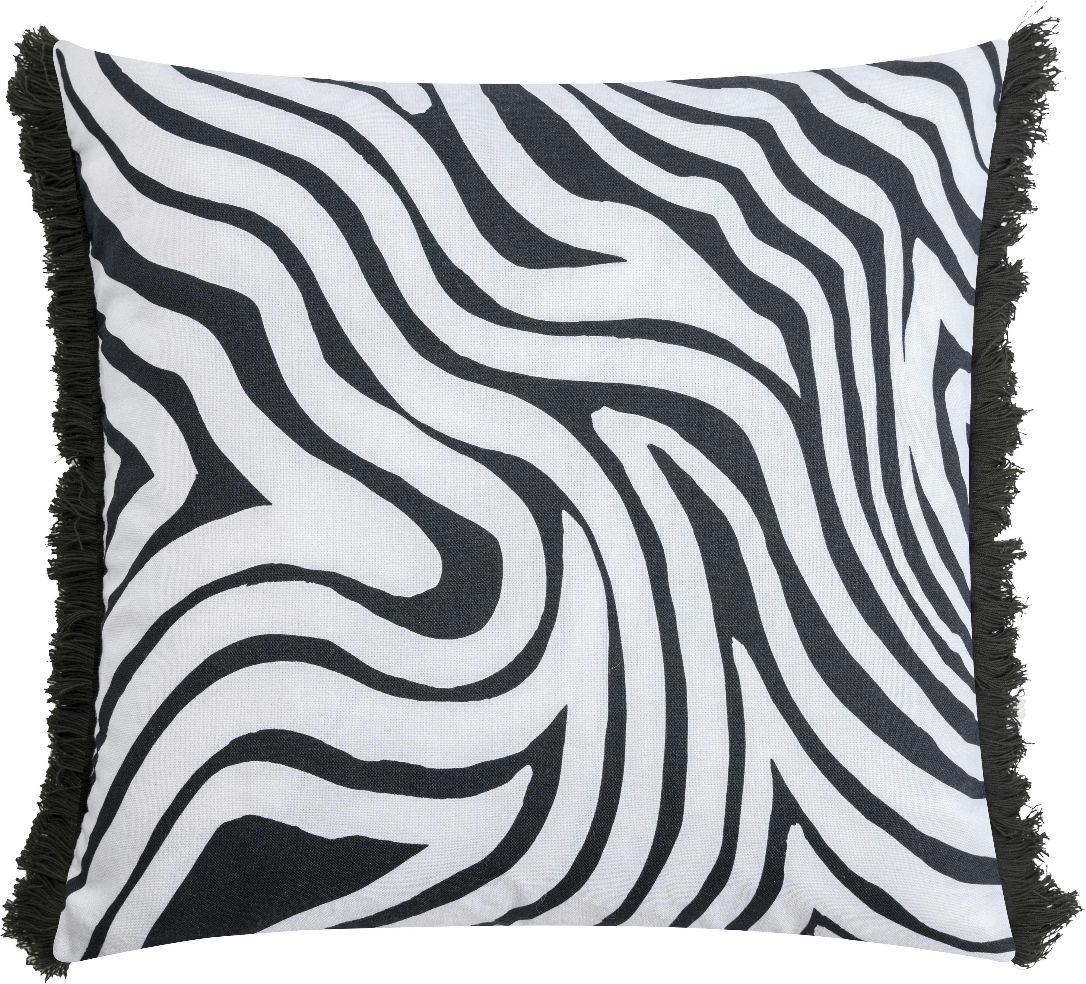 BLANCO NERO - Housse de coussin imprimée zèbre noir et blanc à franges-50x50