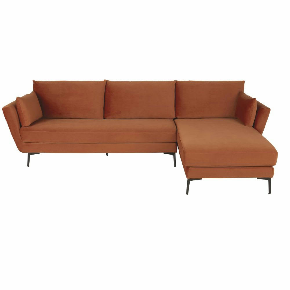 Prague - Canapé d'angle droit 4/5 places en velours orange écureuil