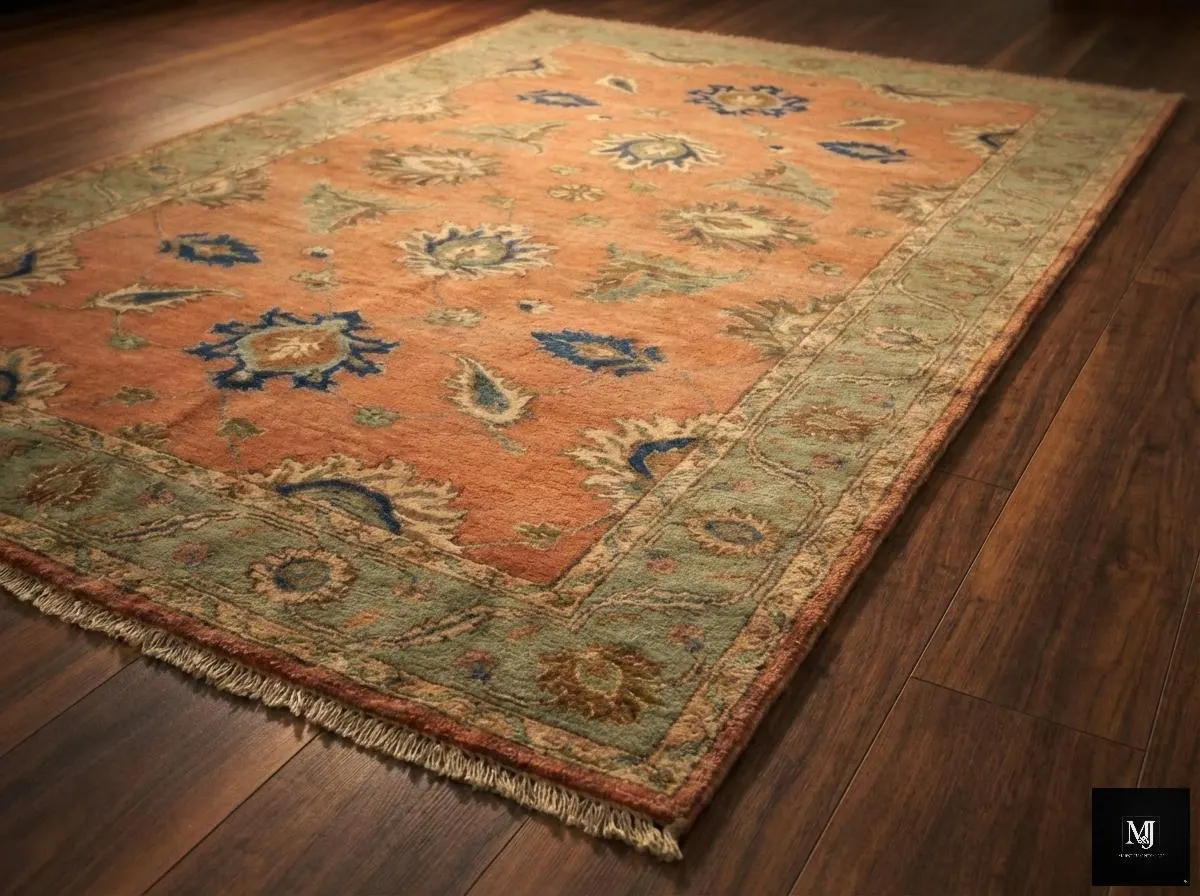 Hand Knotted Terracotta Oushak Rug, Vintage Turkish Wool Carpet, Sage Green Border