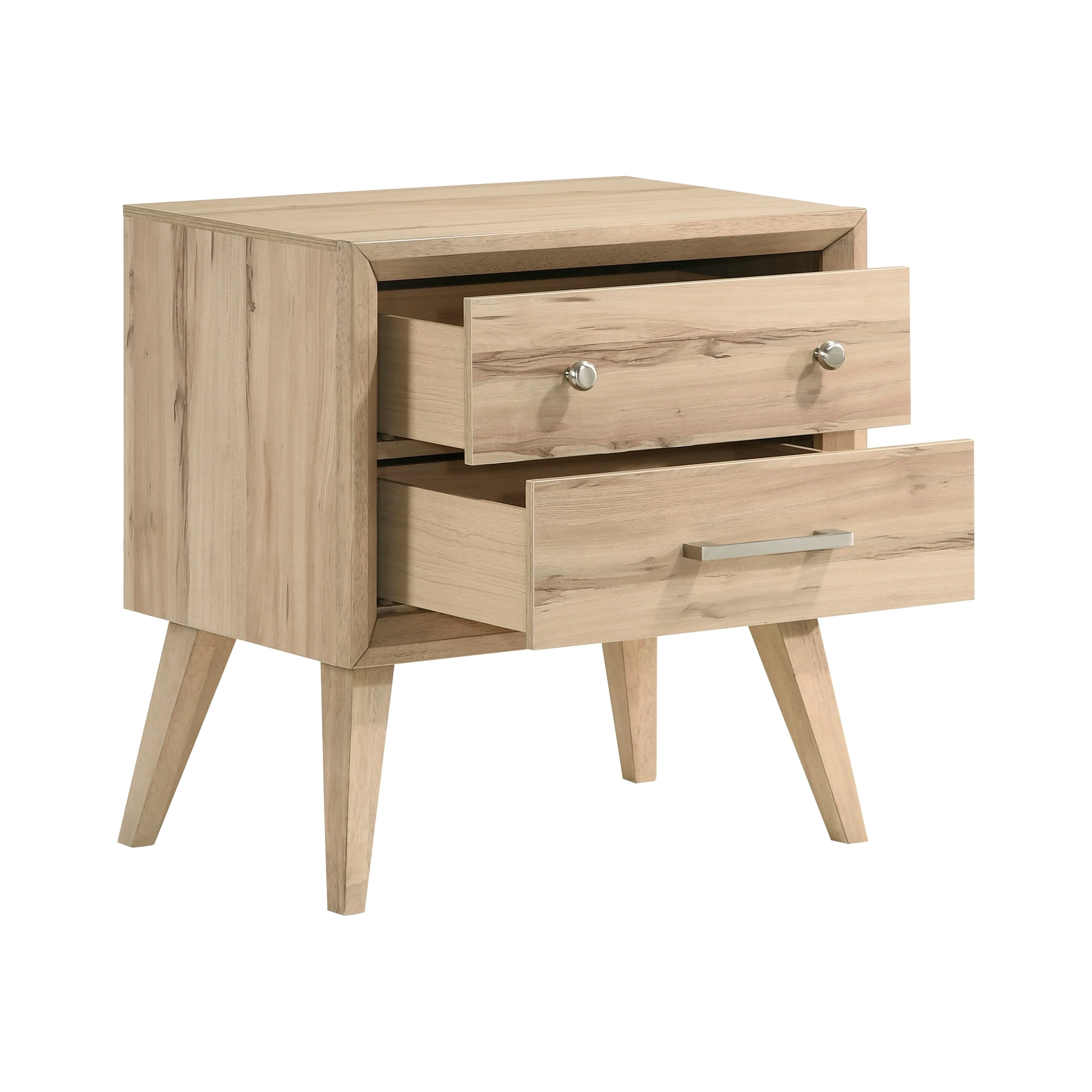 Classic Style Nightstand of 2x Drawers Natural Oak Wooden Bedroom Furniture 1pc, Mid-Century Modern Design