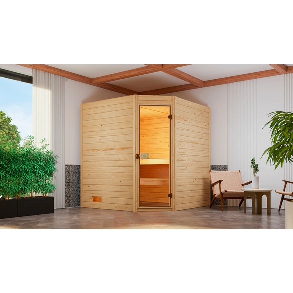 Massivholzsauna »VALIDA ECK 1.8«, 6 Personen, inkl. 4,5 kW Ofen mit externer Steuerung