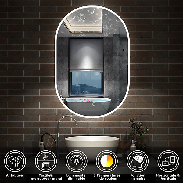 Miroir salle de bain LED 60x90cm tricolore   anti-buée   dimmable   mémoire, AICA SANITAIRE