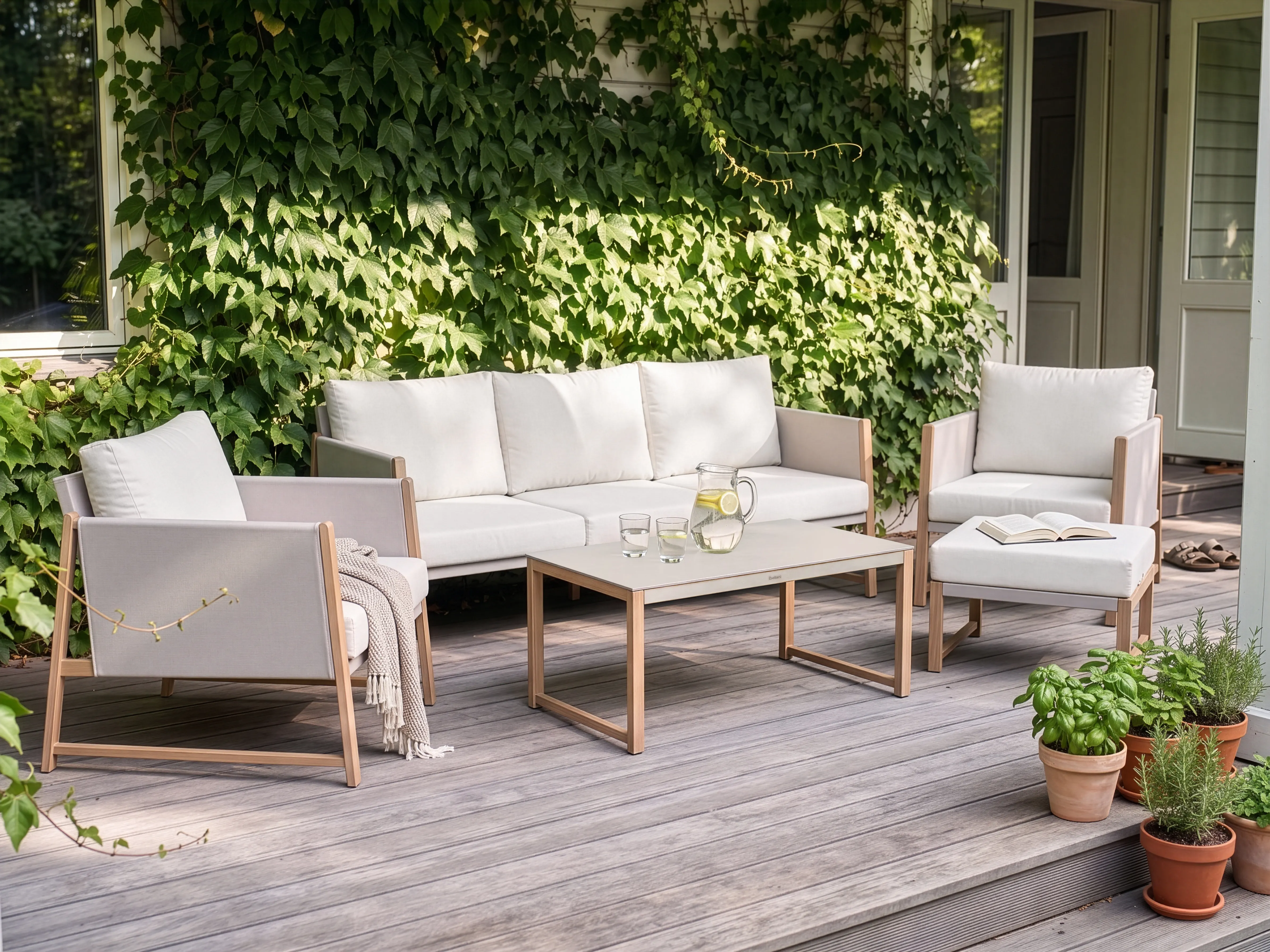 Garden Lounge Set with Table and Ottoman 5 Seater NOLA Metal Light Beige