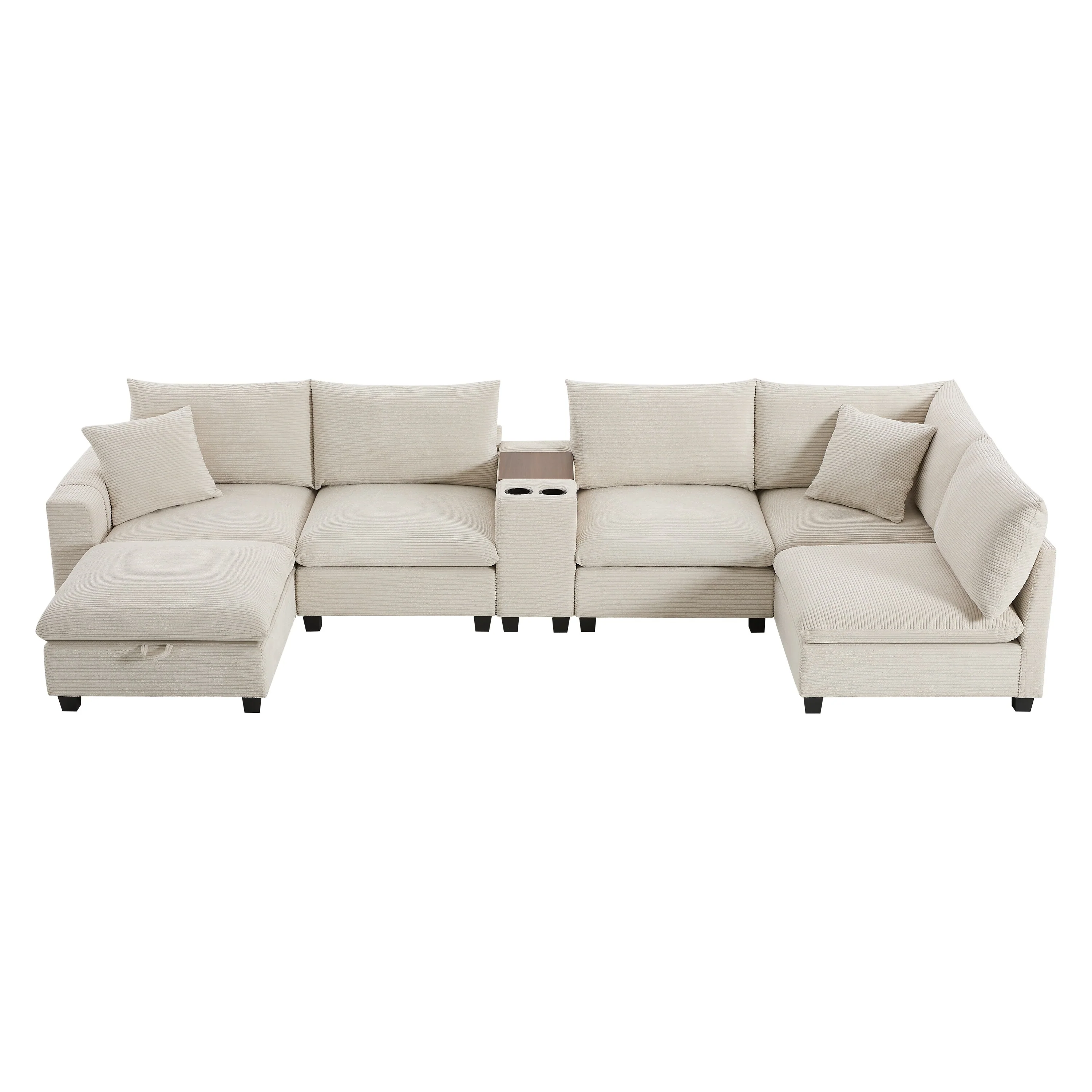 Modern Modular Sectional Sofa with USB Armrest and Storage Ottoman and Console Cup Holders for Living Room or Guest Room