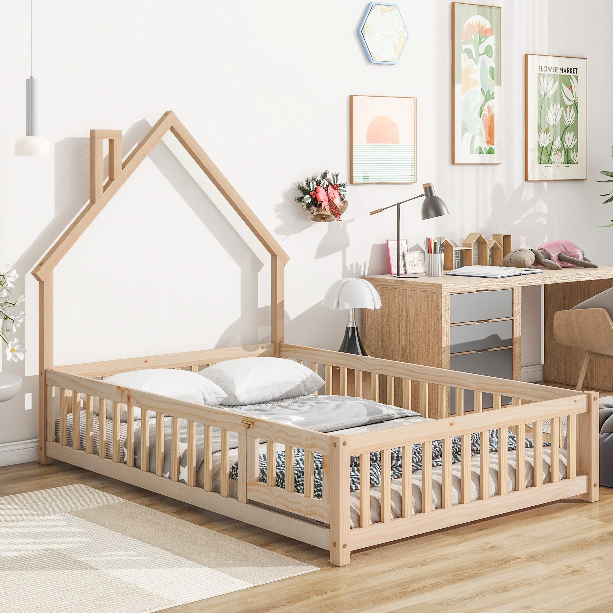 House-Style Twin Floor Bed with Fence, Pine Wood Bed Frame for Kids