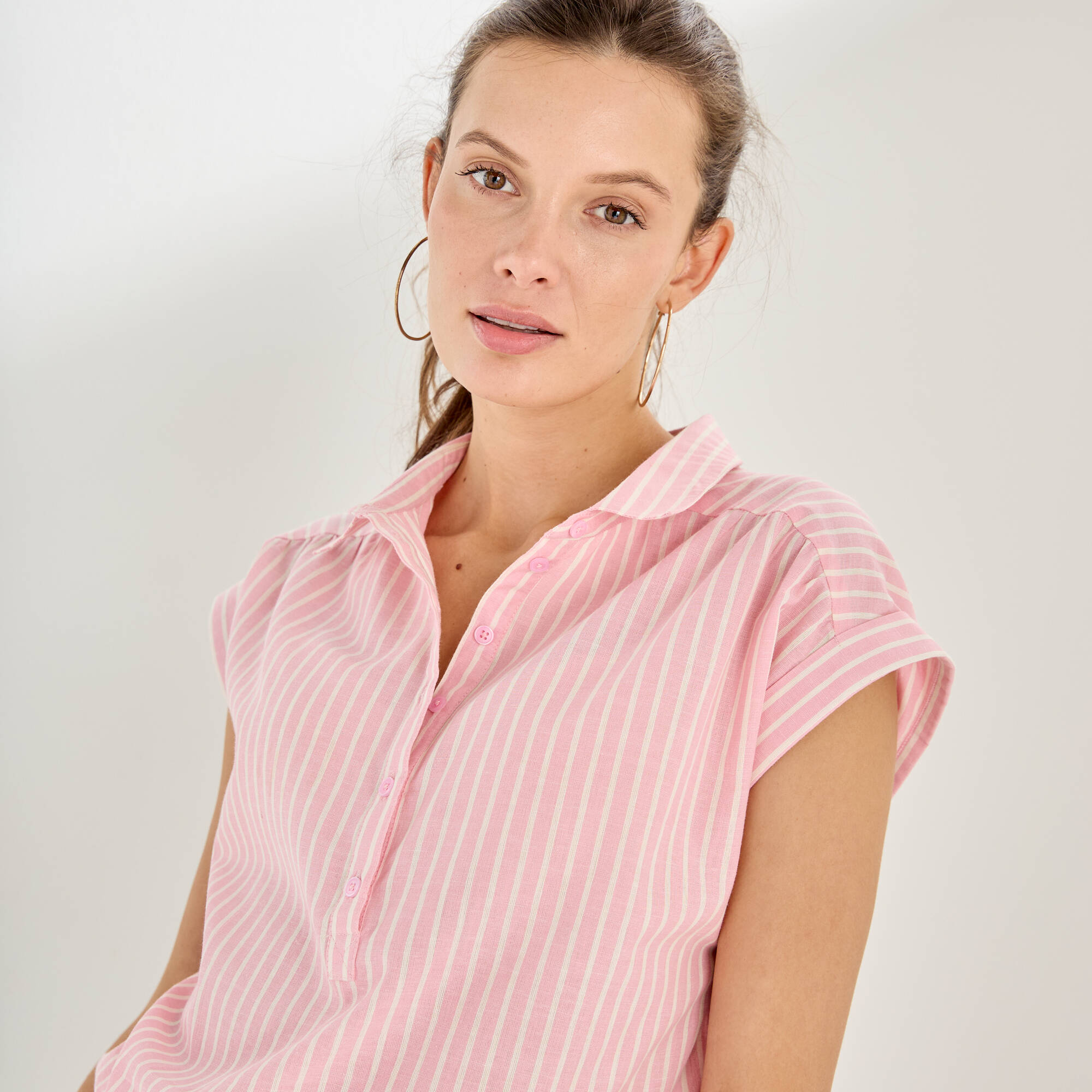 Blouse manches courtes à revers, rayures bicolores