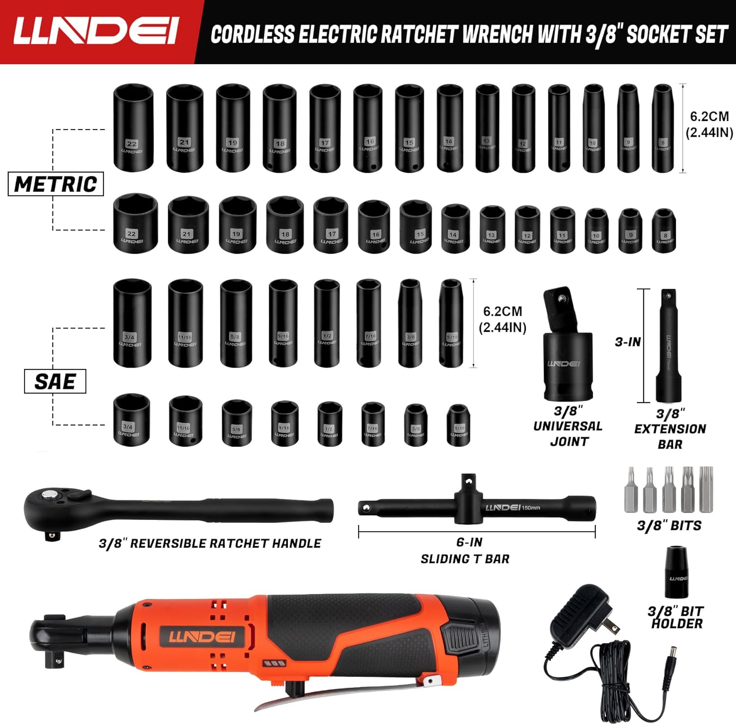 LLNDEI 3/8 58Pcs Cordless Electric Ratchet Wrench Set with Socket Set,12V High Capacity Electric Wrench(40FT-LBS(55N.M)) with Adjustable Speed, LED Light for Battery.