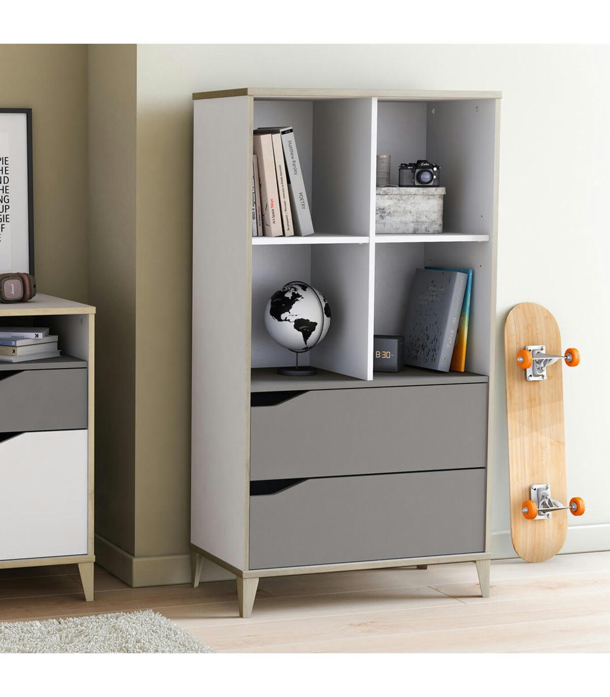 GENIUS - Bibliothèque 2 Tiroirs 4 Niches L70 x H130 cm - Gris et Blanc