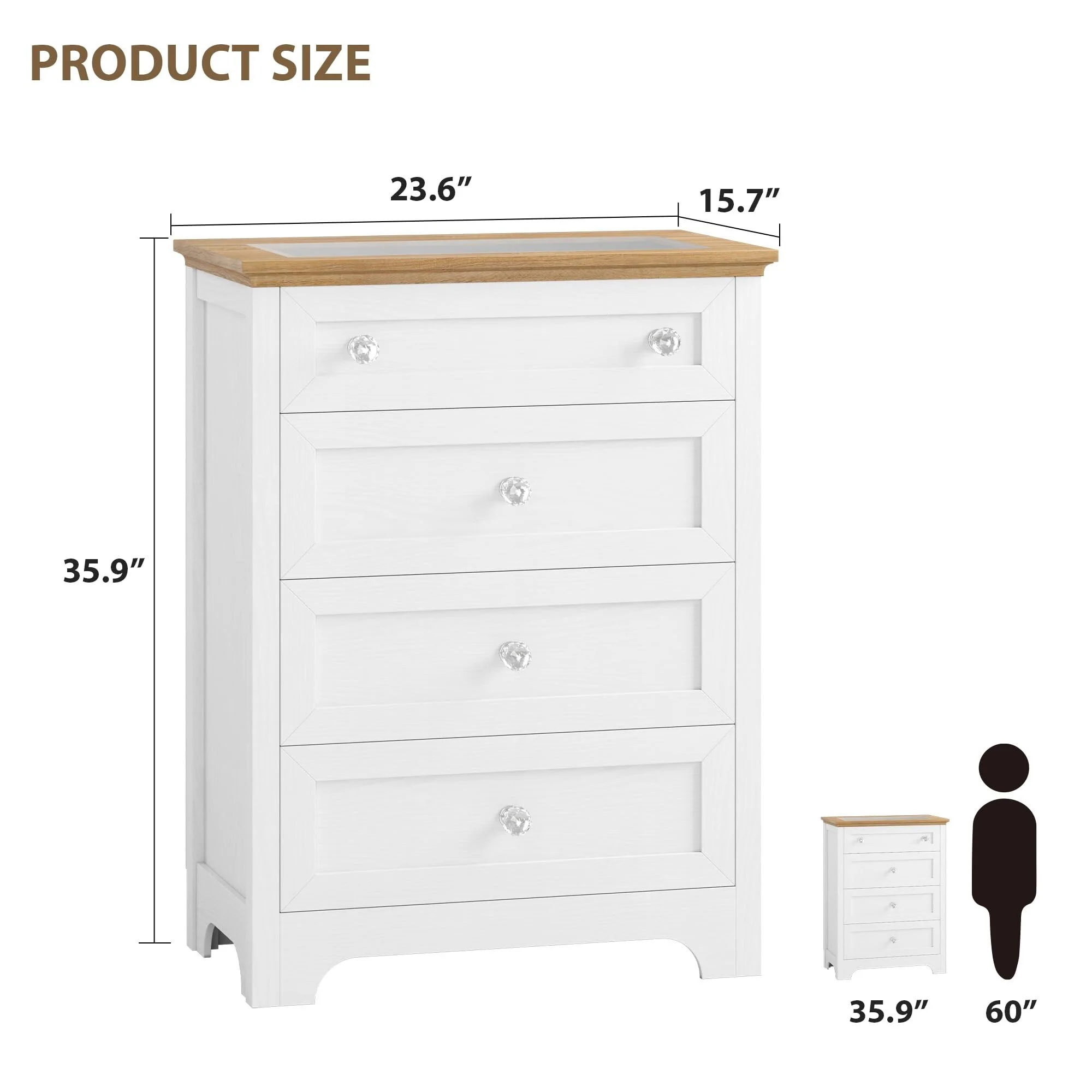 Drawer Dresser with LED Light - 4 Drawer Nightstand Cabinet with Night Light, Visible Glass Table-top