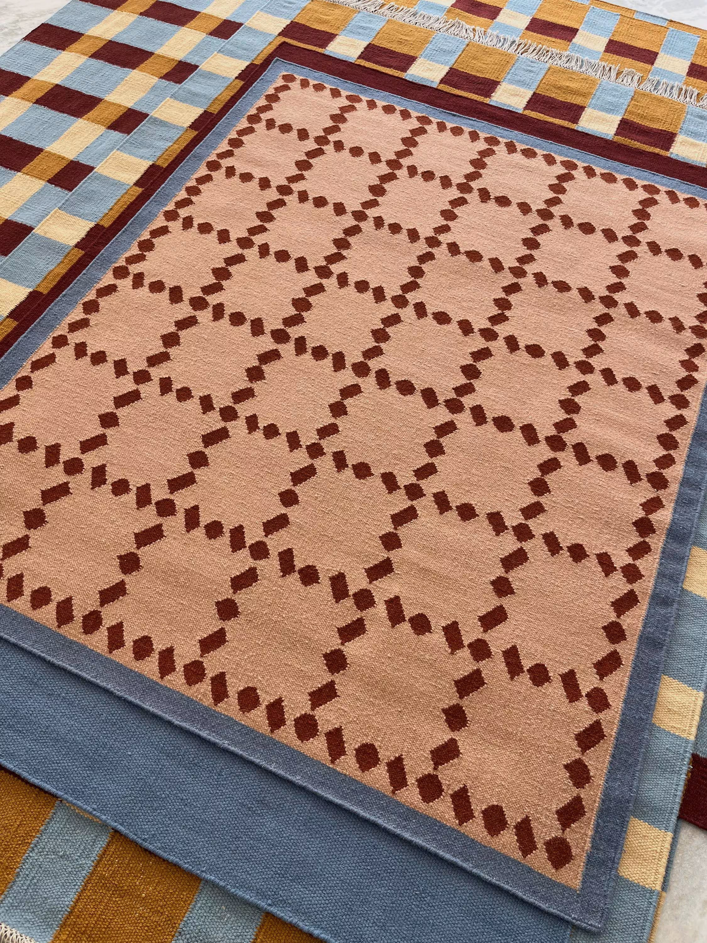 Handwoven Blue, Rust and Beige Chic Wool Rug: Rollakan Scandinavian Modern Minimalist Design