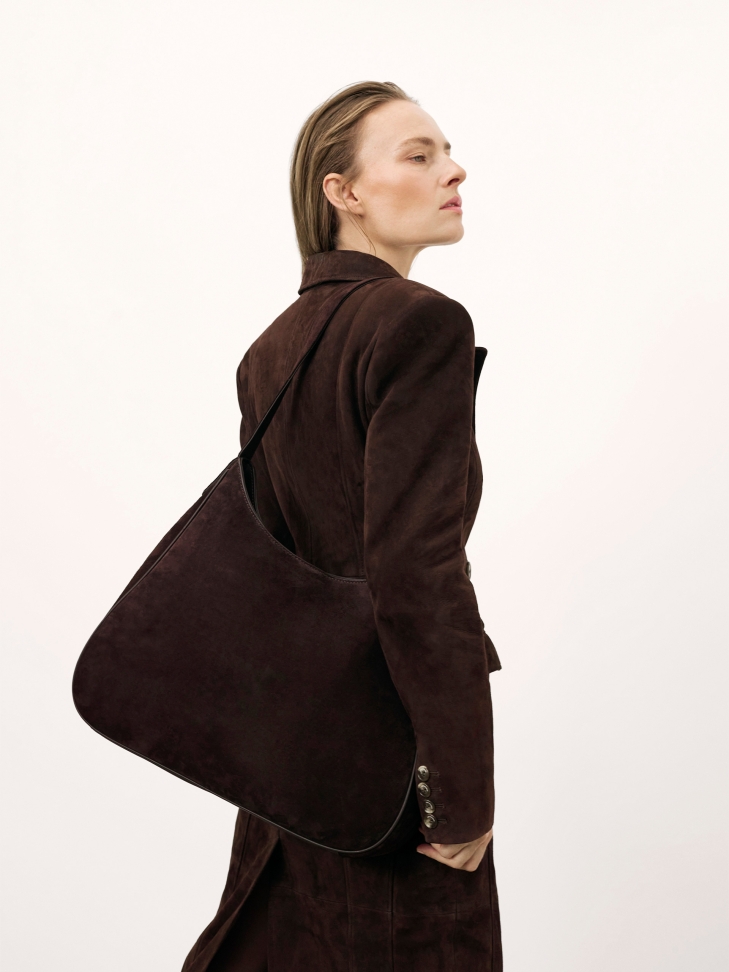 Brown suede trapeze handbag with leather strap
