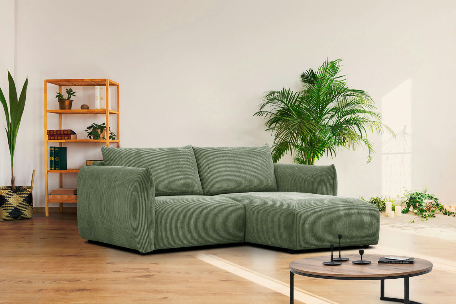 TAUER - Canapé d'angle droit 3 places tissu vert