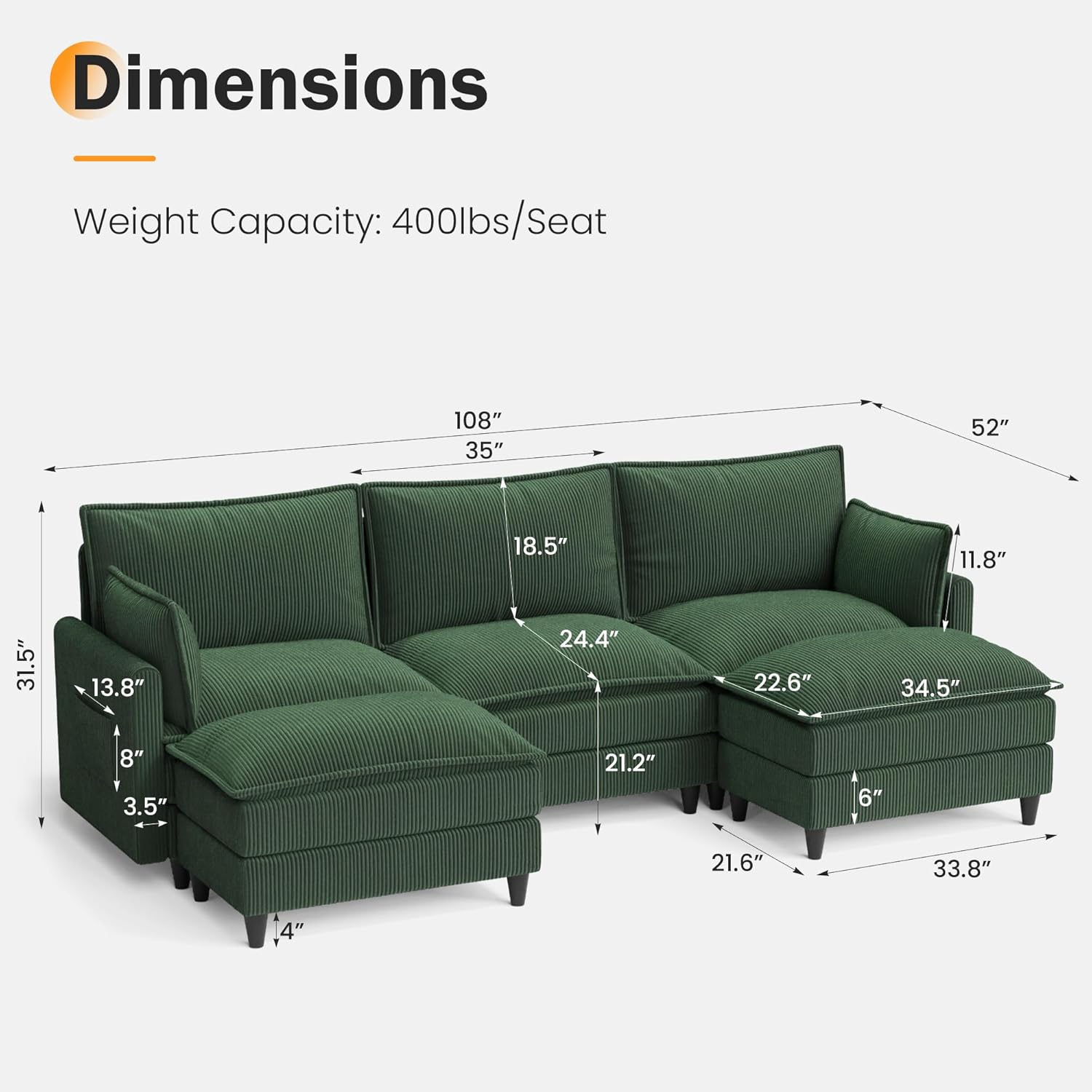 Apicizon 108 Cloud Couch Sectional, 3-Seat Deep Cloud Sofa with Ottoman, Modern U Shape Sectional Sofa Corduroy for Living Room, Apartment, Office, Green