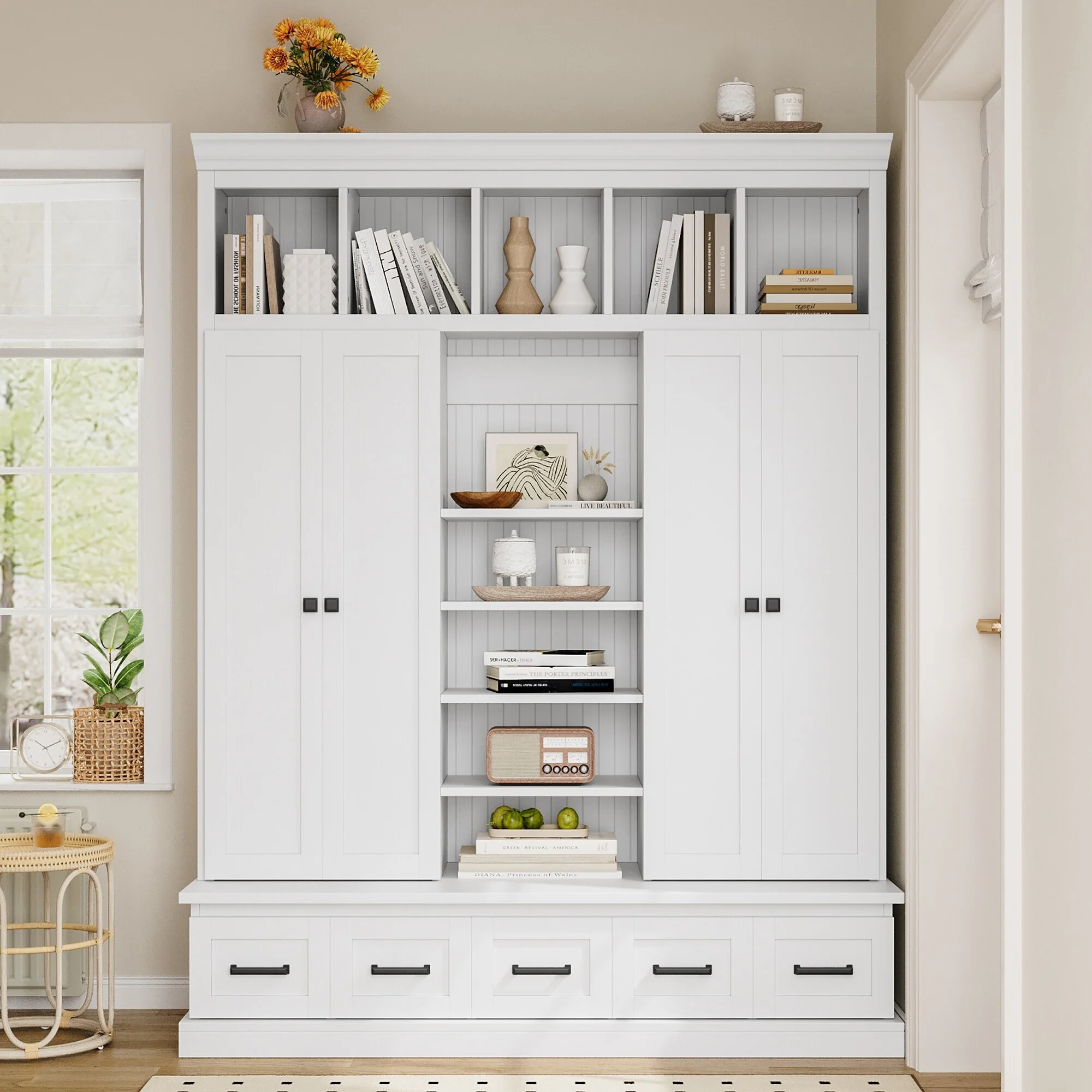 78.7H Hall Tree with Bench and 5 Storage Cubbies, Storage Organizer Cabinet with 4 Doors, 5 Drawers and Adjustable Shelves