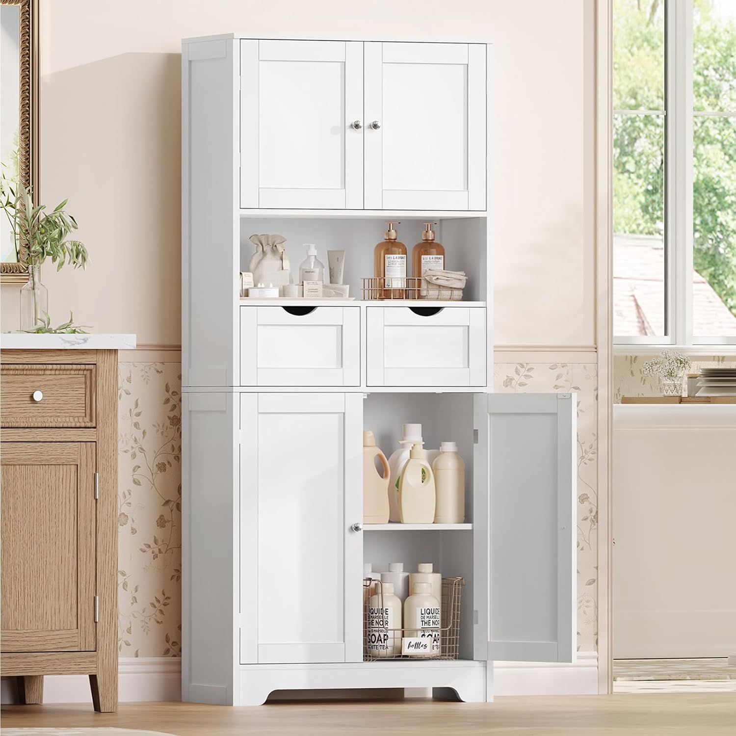 TEENFON 57.8 H Tall Bathroom Storage Cabinet with 4 Doors & 2 Adjustable Shelves, Freestanding Bathroom Cabinet with 2 Drawers, Kitchen Cabinets & Pantry, Cupboard for Kitchen, Dining Room, White