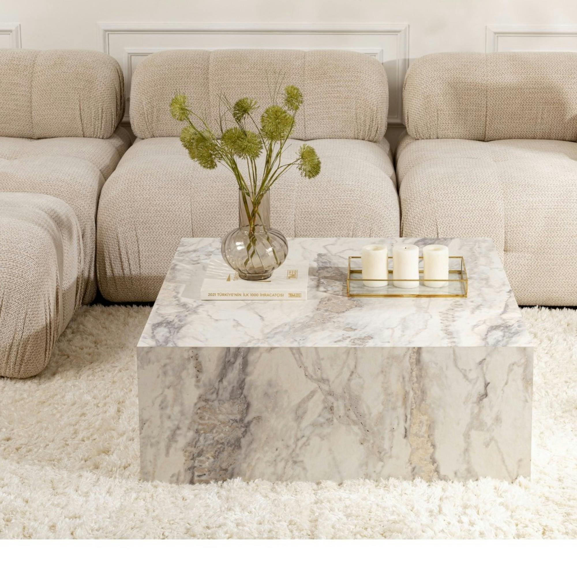 Table basse carrée design effet marbre blanc MARFA