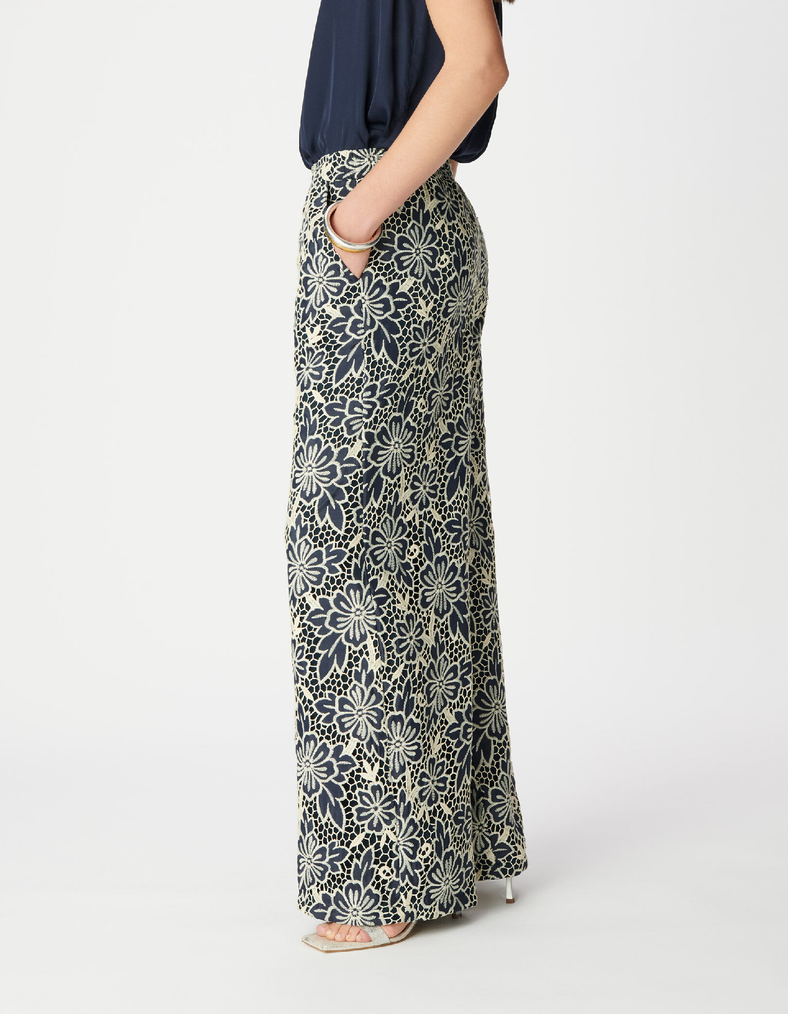 Pantalon marine dentelle écrue Femme
